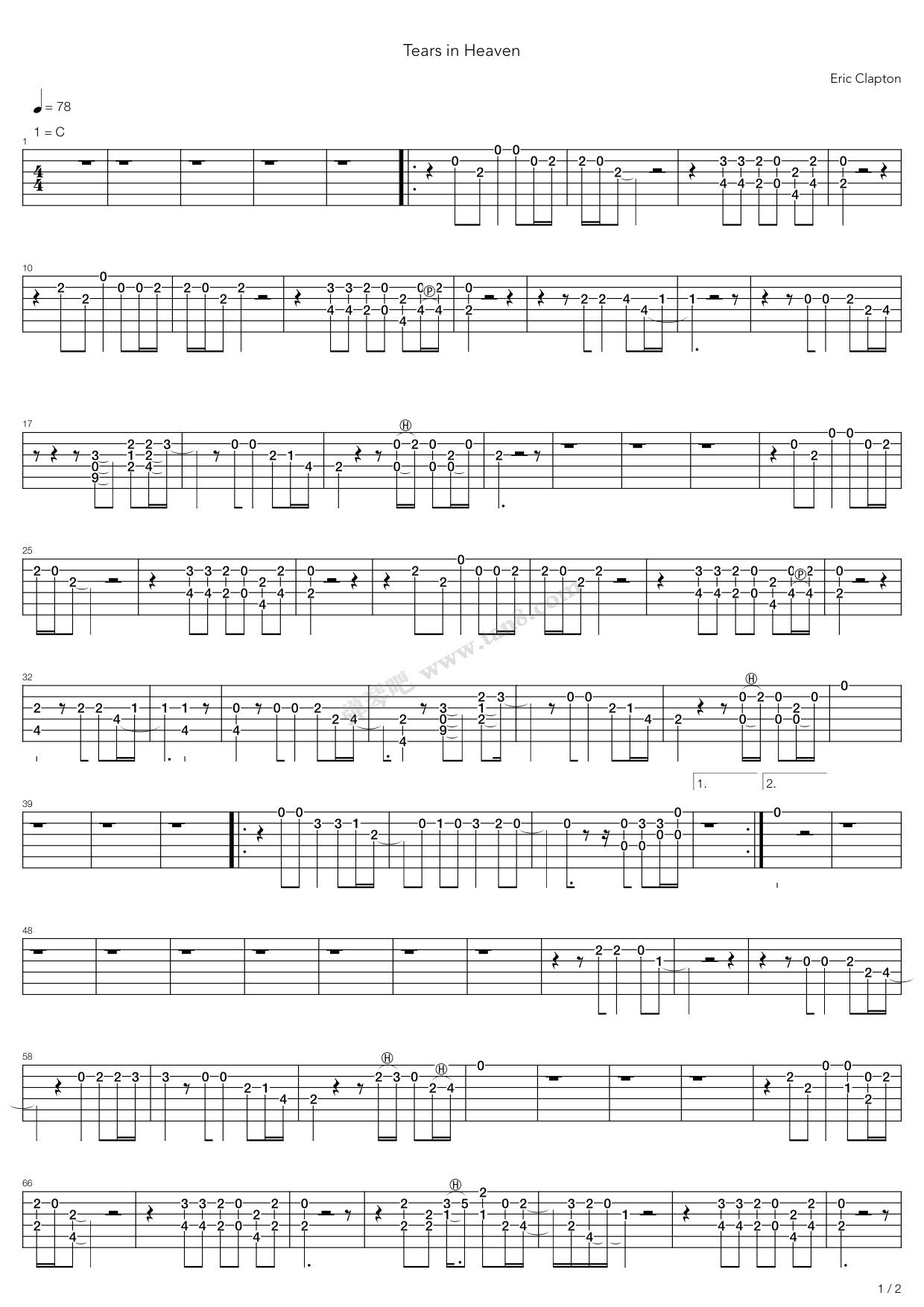 《Tears In Heaven》吉他谱-C大调音乐网