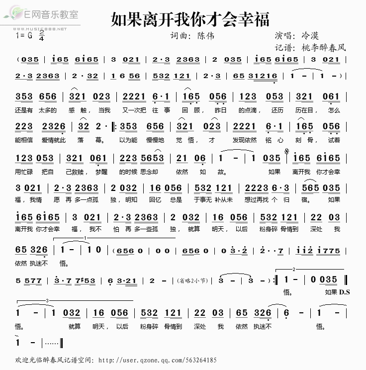 《如果离开我你才会幸福——冷漠（简谱）》吉他谱-C大调音乐网