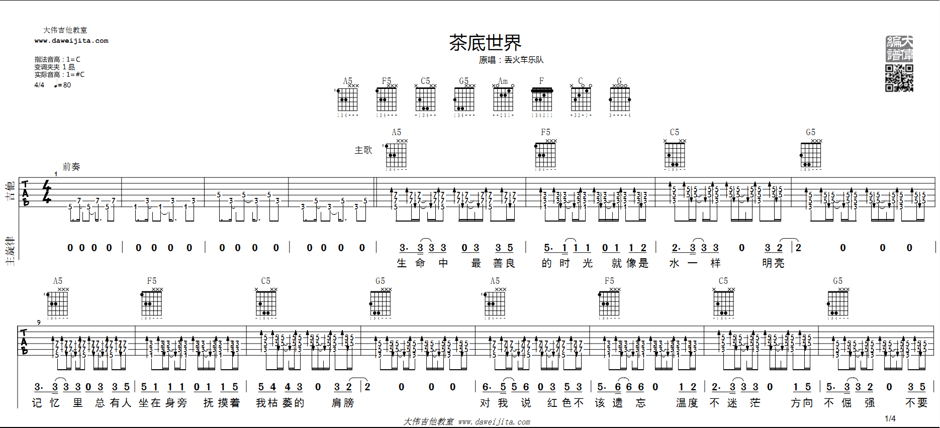 《丢火车乐队《茶底世界》吉他谱_吉他弹唱视频教学》吉他谱-C大调音乐网