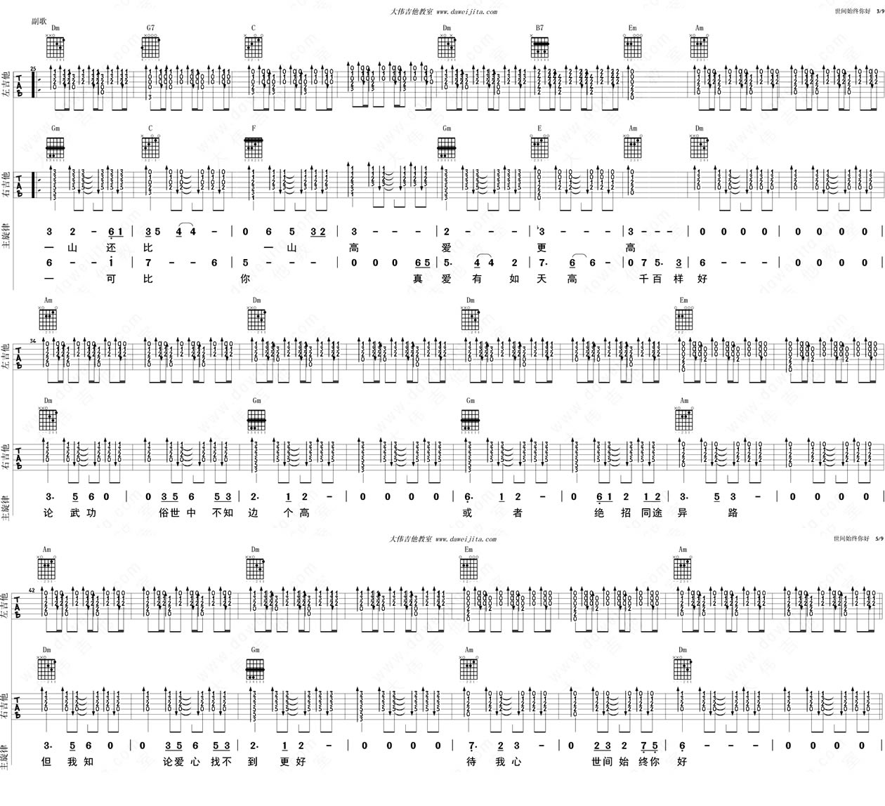 《世间始终你好吉他谱_电影《美人鱼》主题曲六线》吉他谱-C大调音乐网