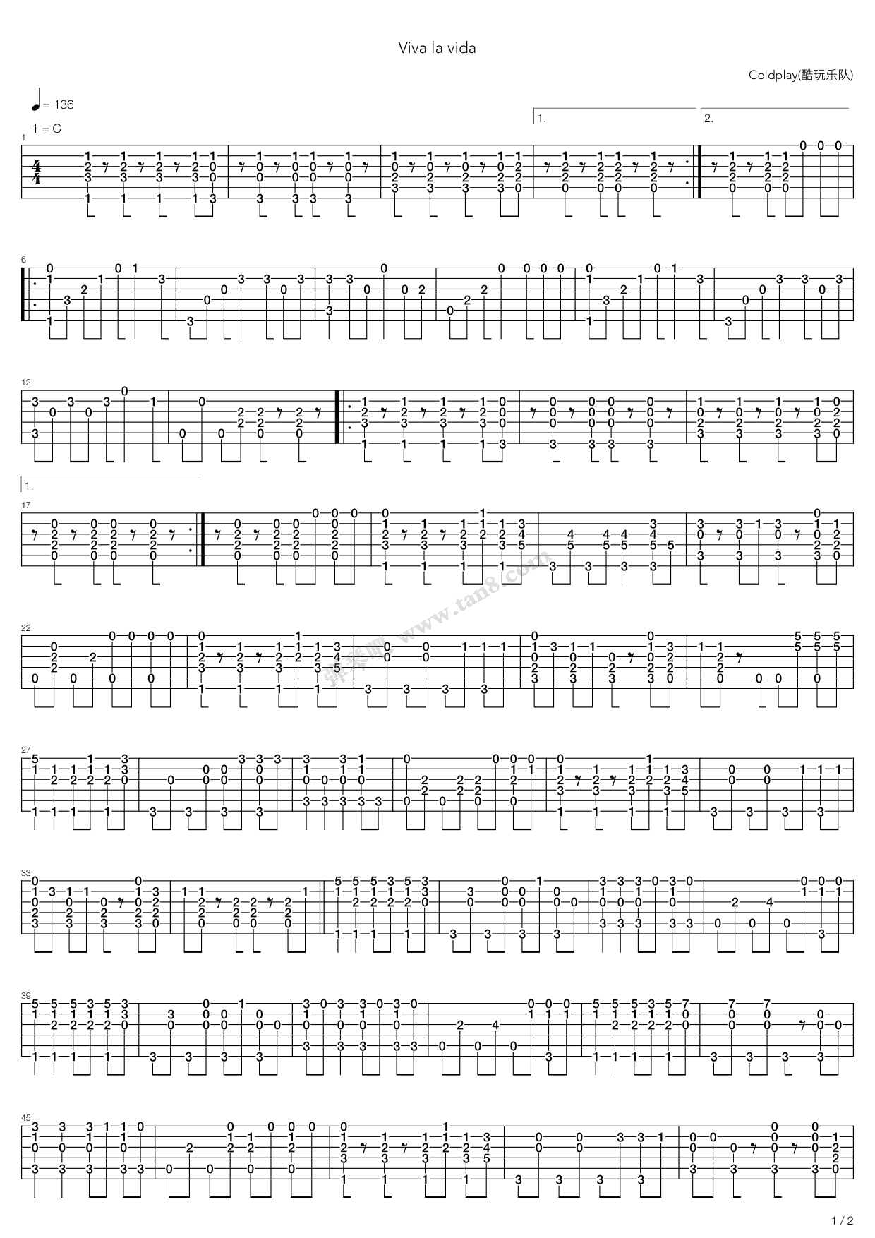 《Coldplay(酷玩乐队)Viva La Vida》吉他谱-C大调音乐网