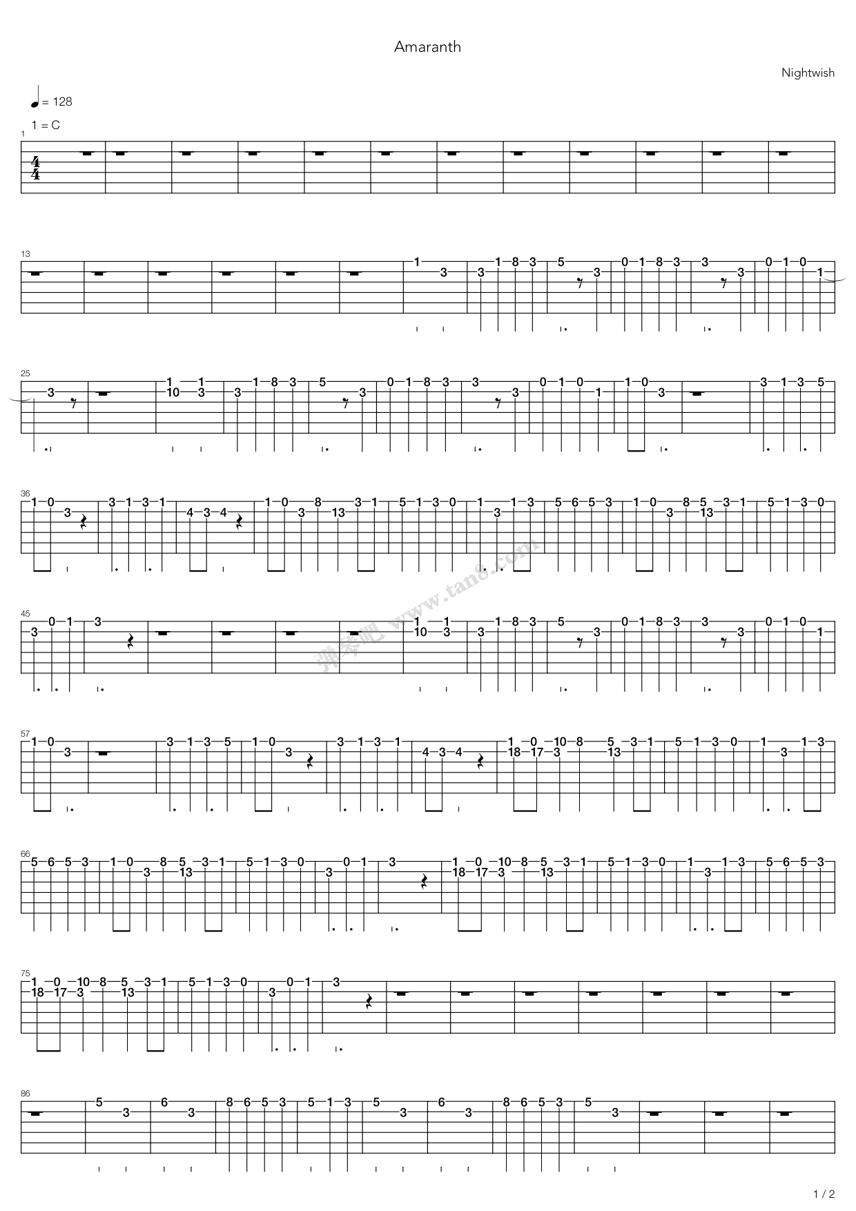 《Amaranth》吉他谱-C大调音乐网