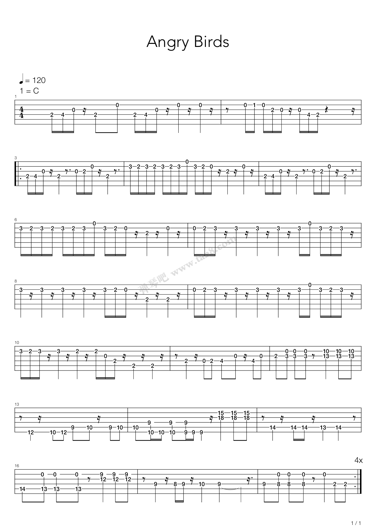 《Angry Birds(愤怒的小鸟)》吉他谱-C大调音乐网