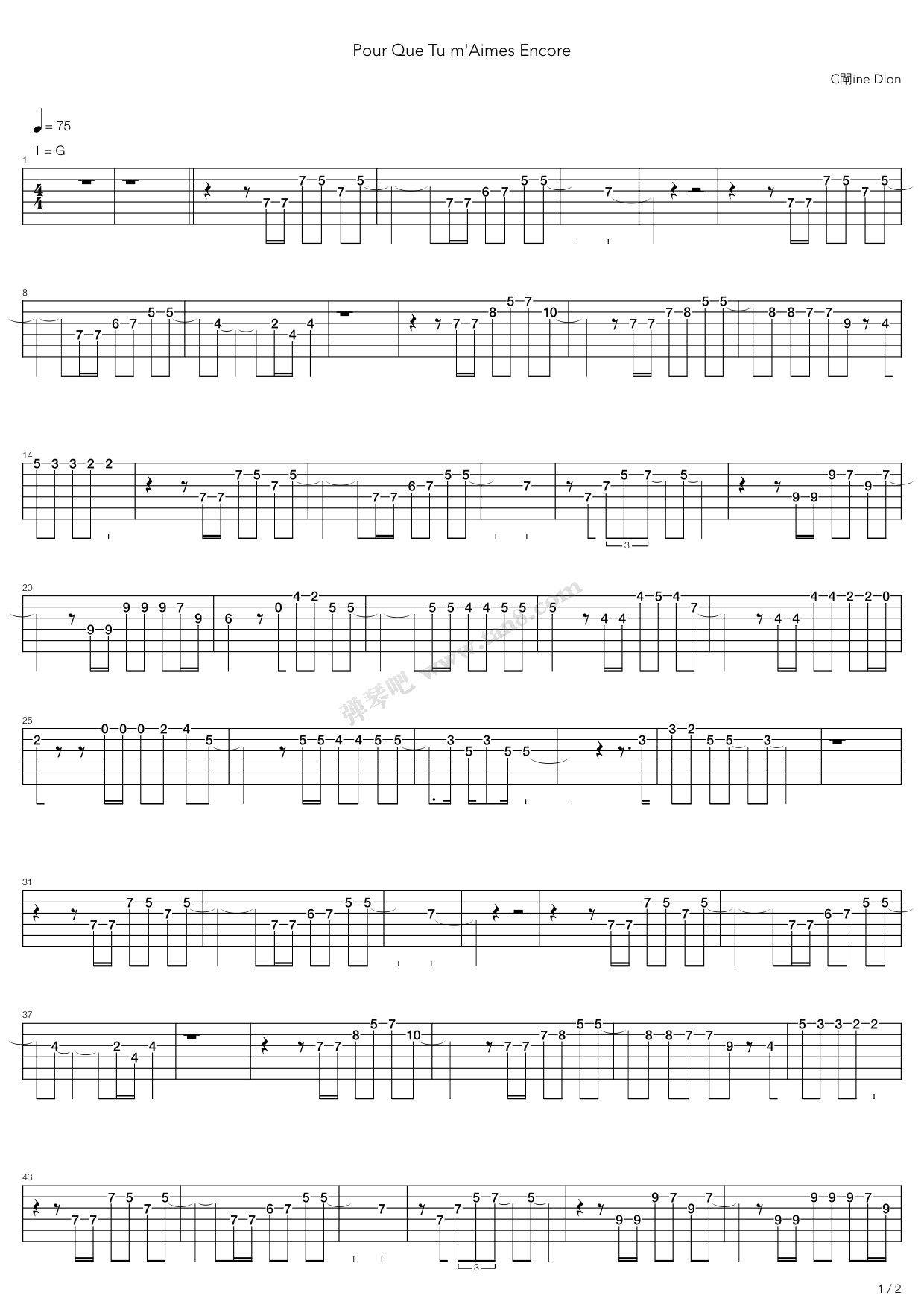《Pour Que Tu Maimes Encore》吉他谱-C大调音乐网
