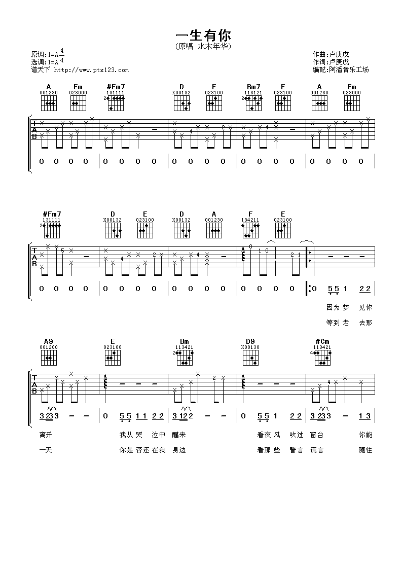 水木年华 一生有你吉他谱六线谱 A调-C大调音乐网