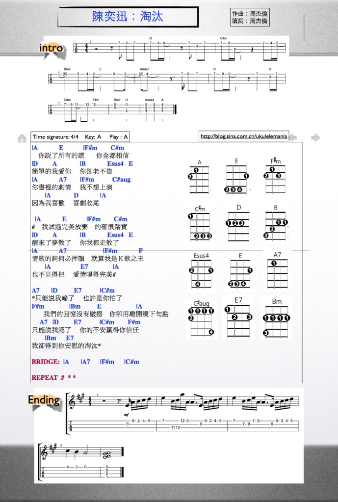 淘汰 |尤克里里ukulele谱（陈奕迅）-C大调音乐网