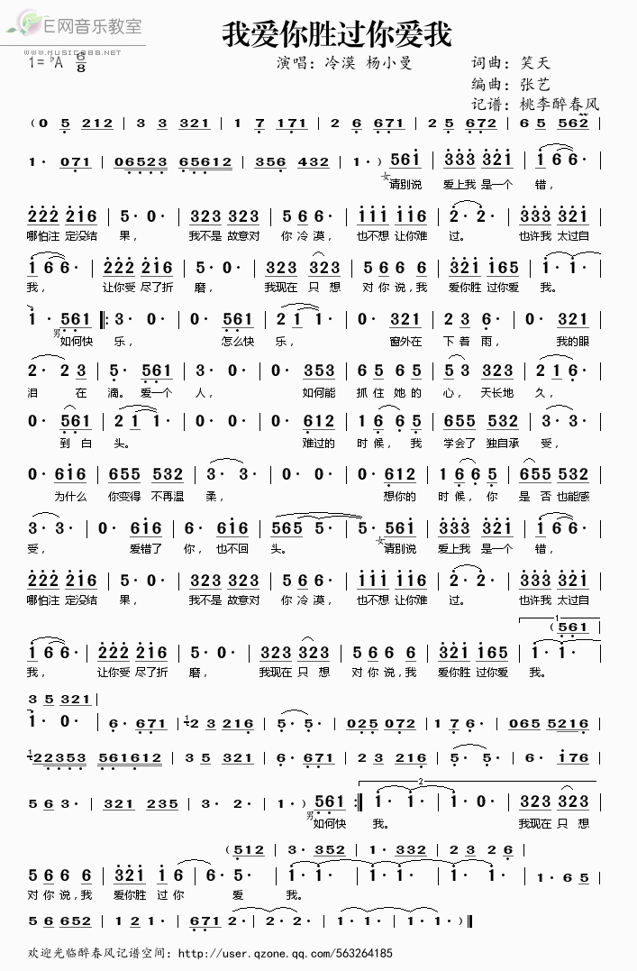 《我爱你胜过你爱我——冷漠 杨小曼（简谱）》吉他谱-C大调音乐网