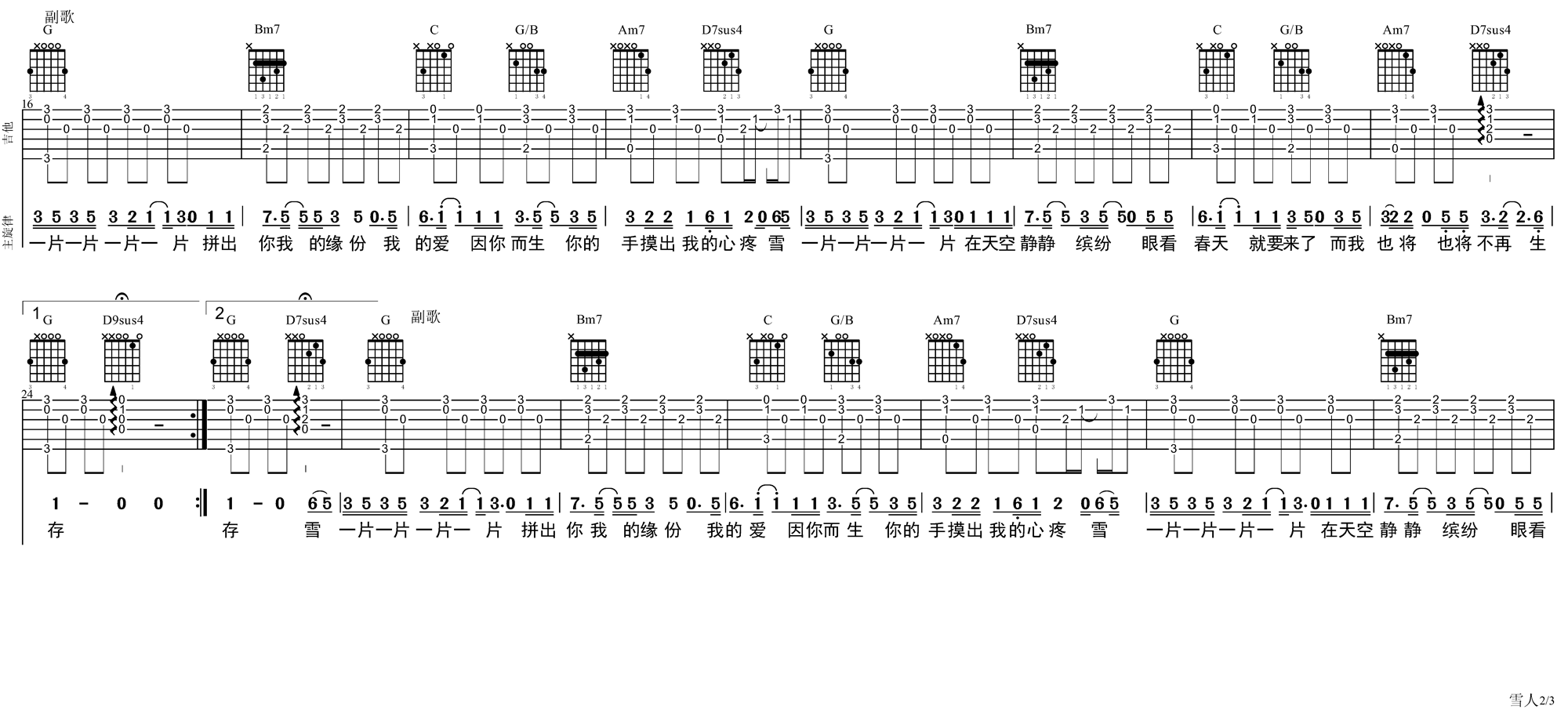 《《雪人》吉他谱_范晓萱_《雪人》原版谱》吉他谱-C大调音乐网