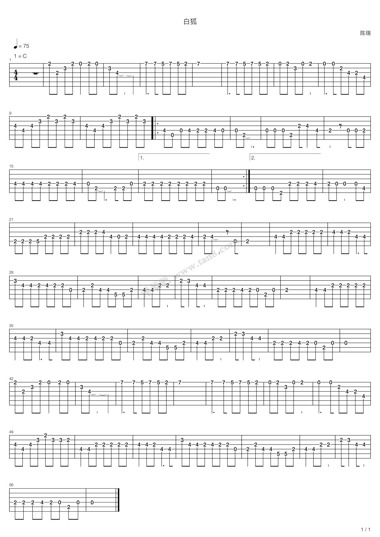 《白狐》吉他谱-C大调音乐网