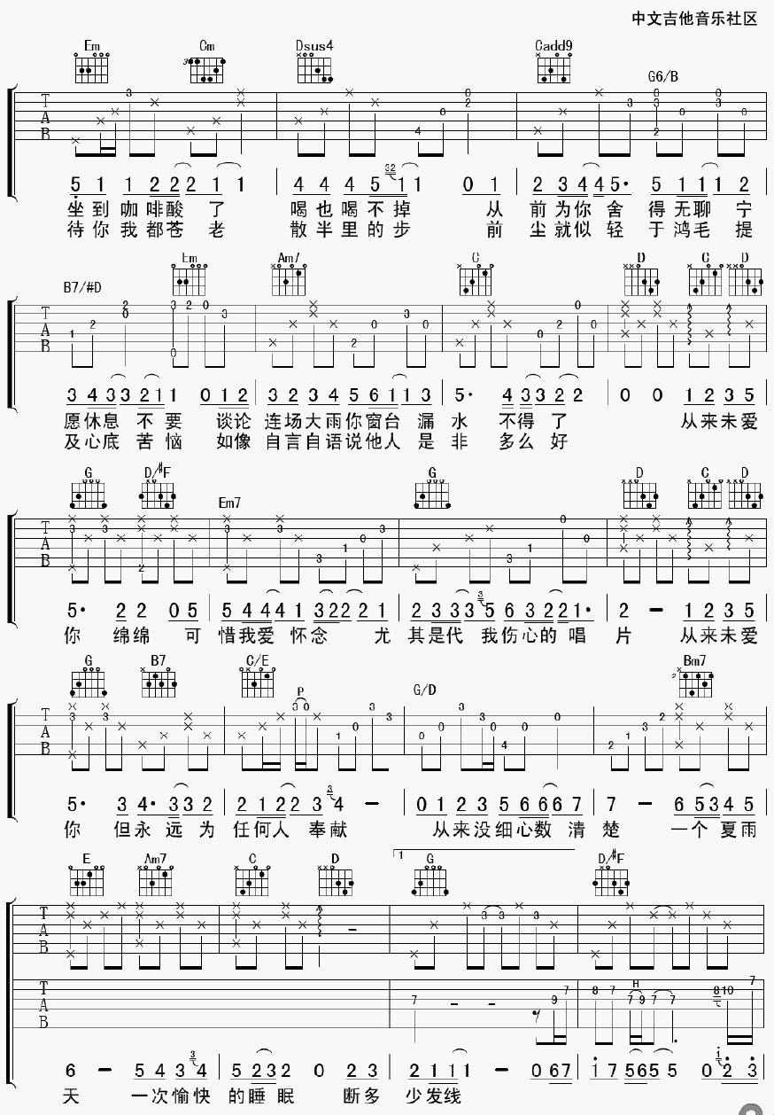 陈奕迅 绵绵吉他谱六线谱-C大调音乐网