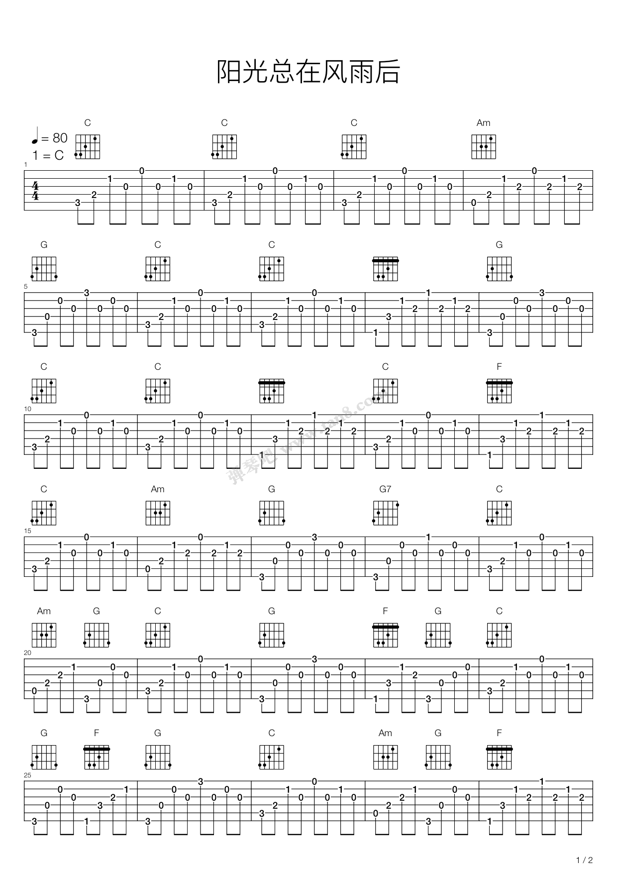 《阳光总在风雨后》吉他谱-C大调音乐网