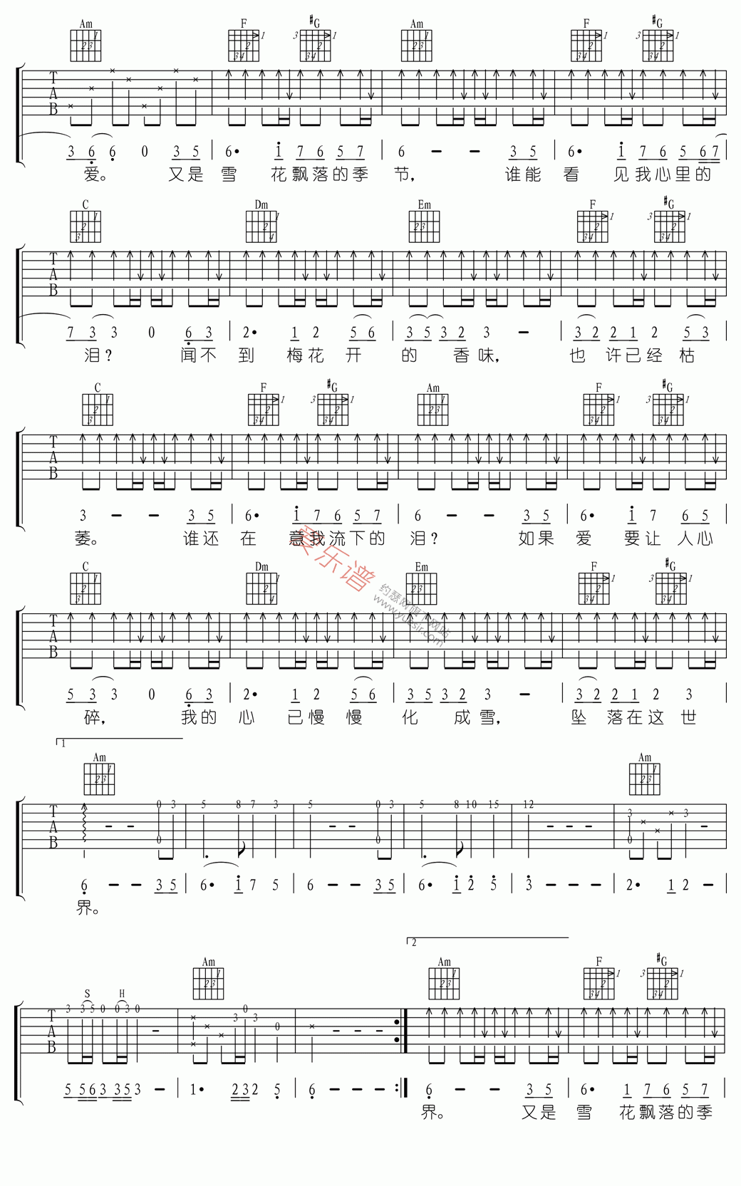 《蒋雪儿《谁在意我流下的泪》》吉他谱-C大调音乐网
