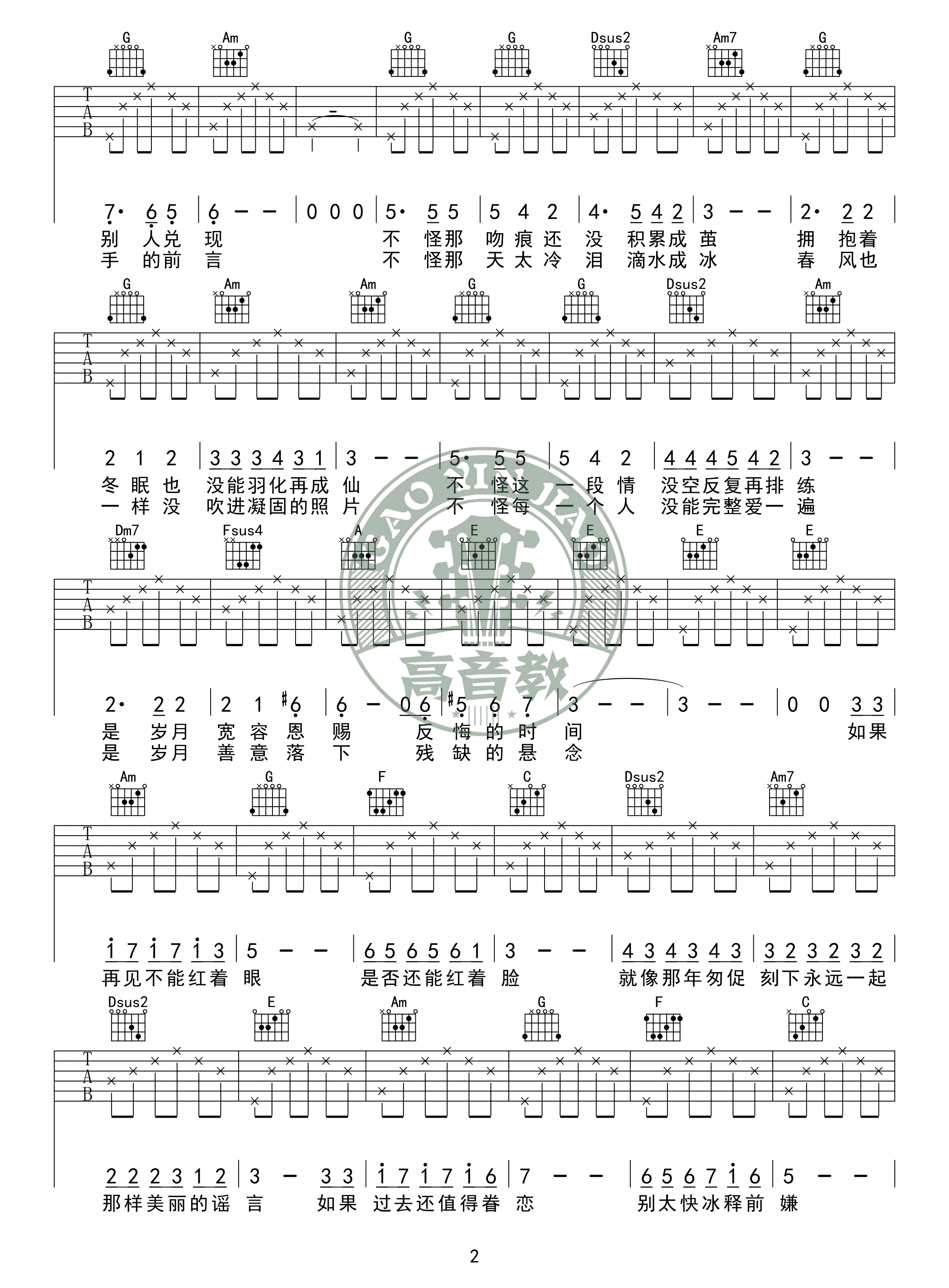 匆匆那年吉他谱_王菲《匆匆那年》六线谱_C调弹唱教学-C大调音乐网