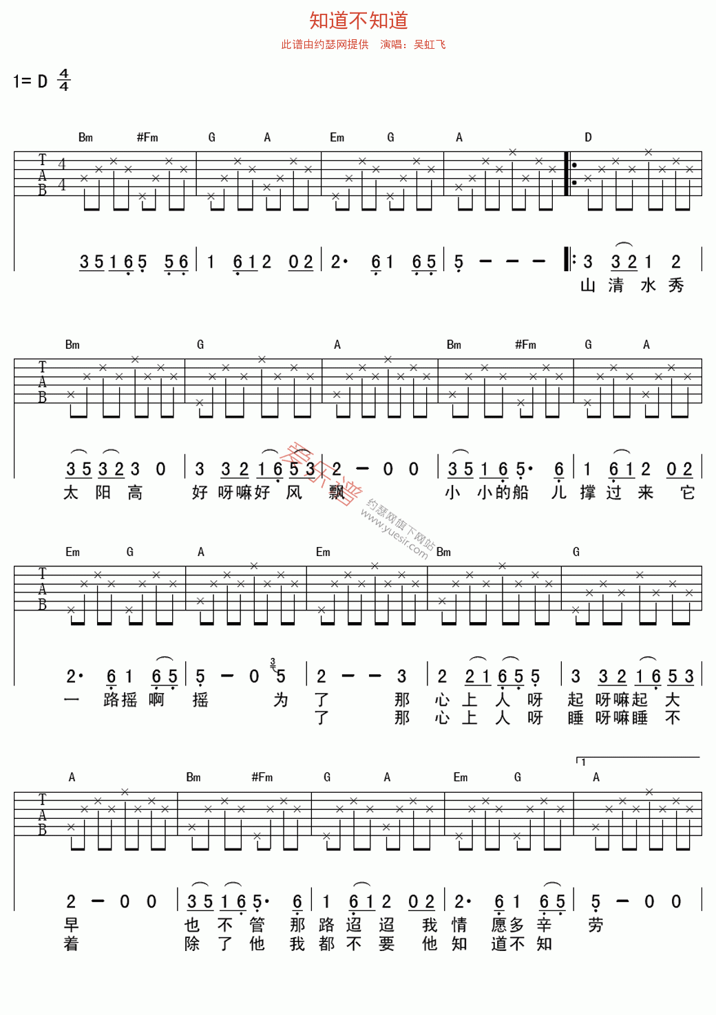 《吴虹飞《知道不知道》》吉他谱-C大调音乐网