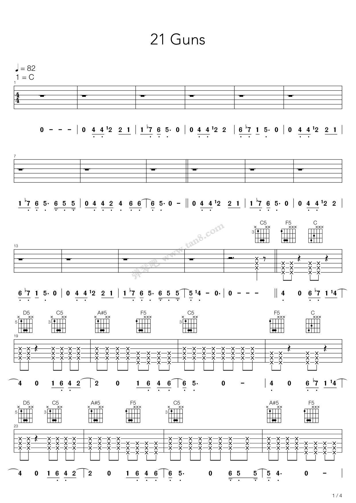 《21 GUNS》吉他谱-C大调音乐网