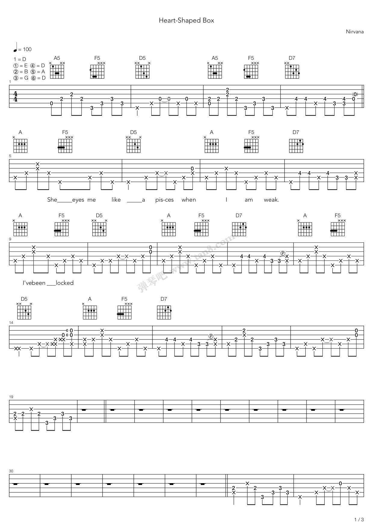 《Heart Shaped Box》吉他谱C大调音乐网