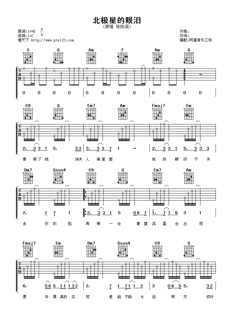 张栋梁 北极星的眼泪吉他谱-C大调音乐网