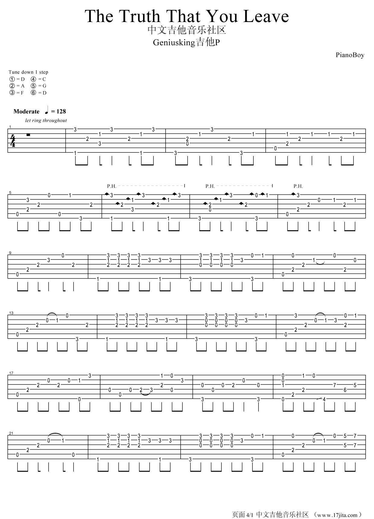 《PianoBoy-The truth that you leave指弹》吉他谱-C大调音乐网
