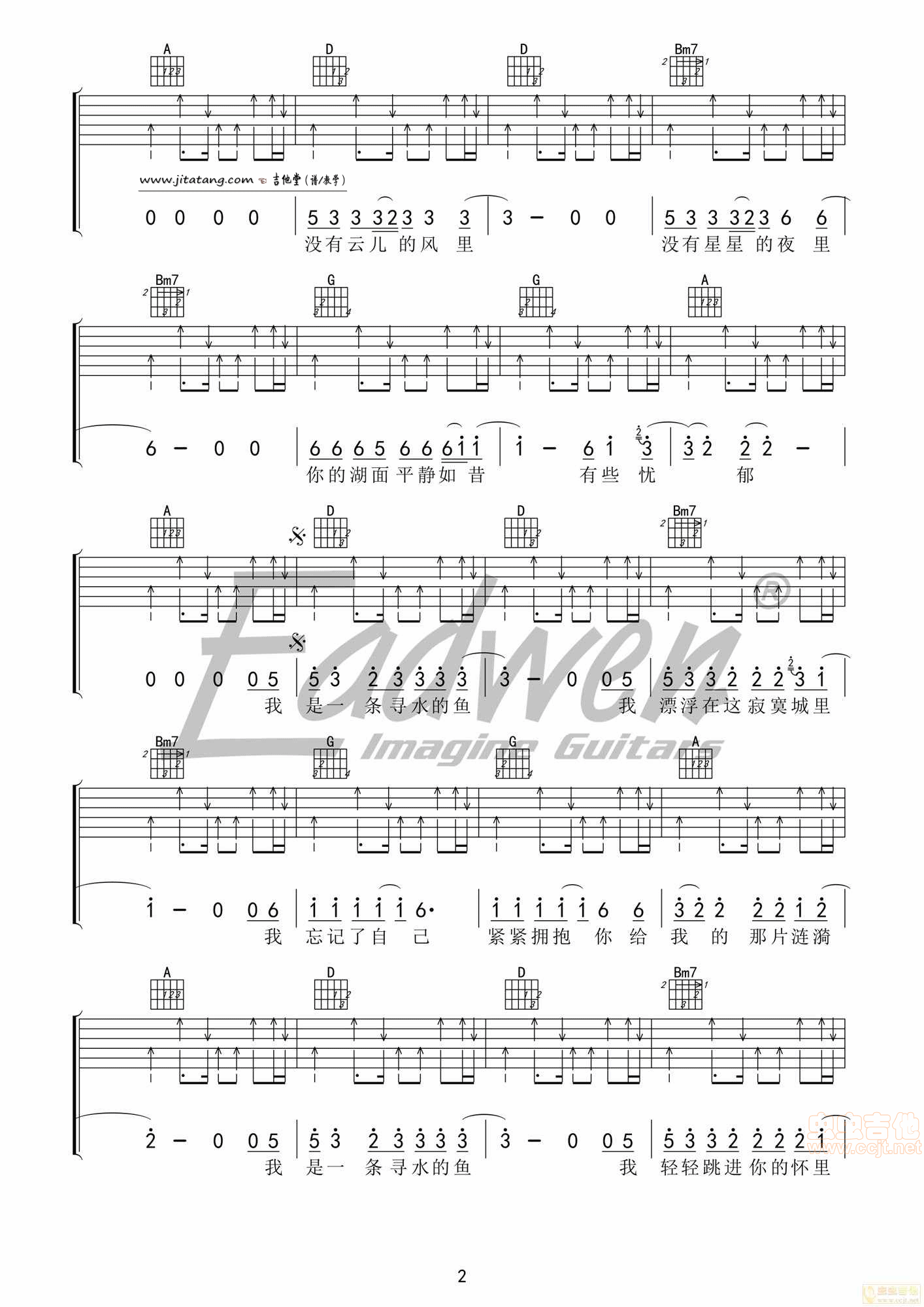 《寻水的鱼吉他谱_许飞_寻水的鱼伴奏弹唱E调》吉他谱-C大调音乐网