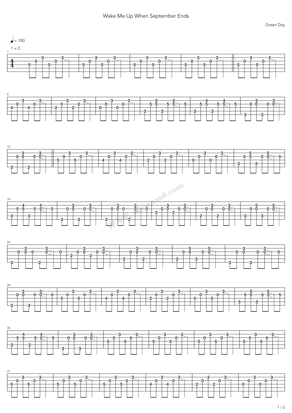 《Wake Me Up When September Ends》吉他谱-C大调音乐网
