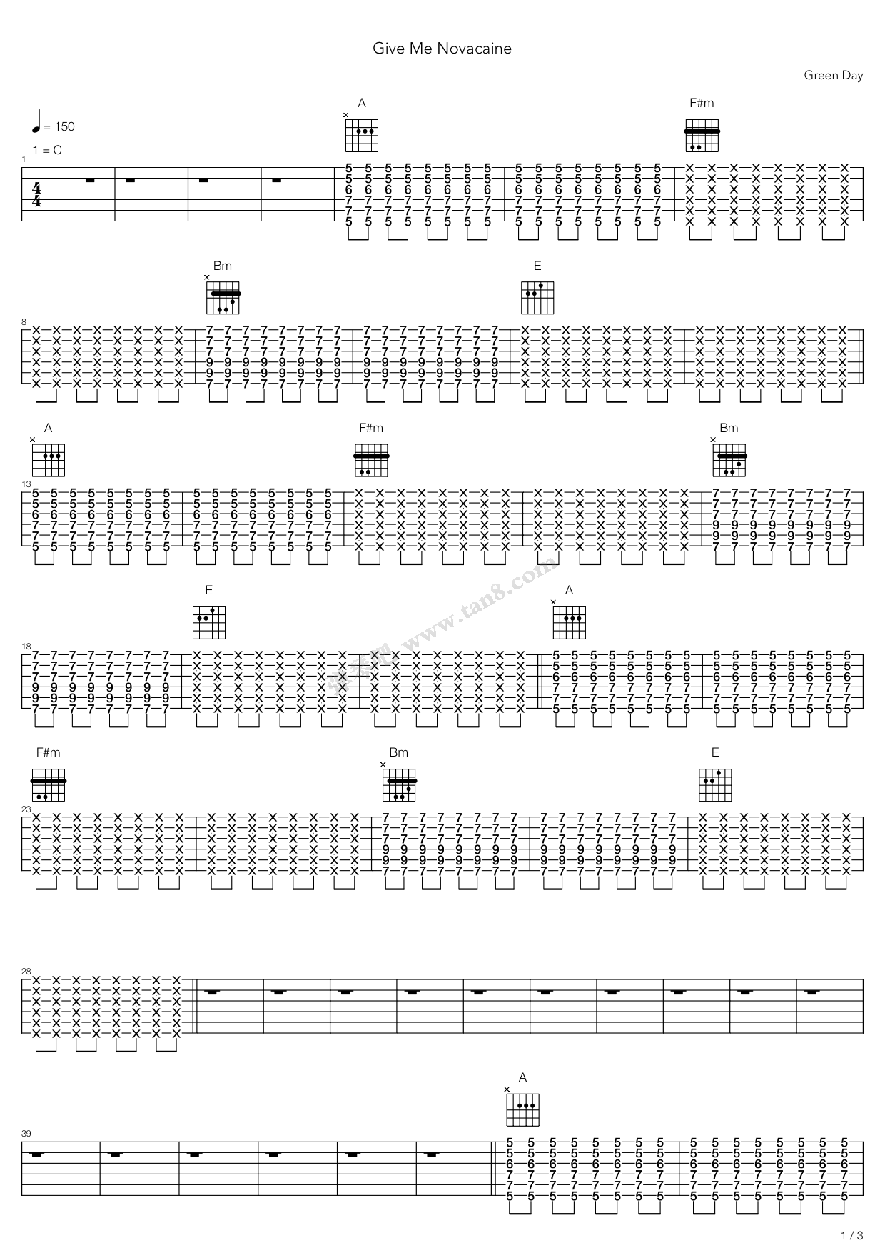 《Give Me Novacaine》吉他谱-C大调音乐网