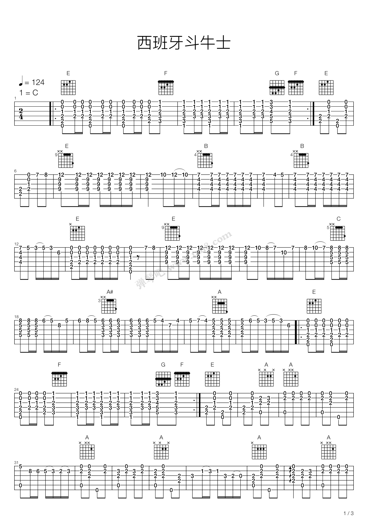 《西班牙斗牛士》吉他谱-C大调音乐网