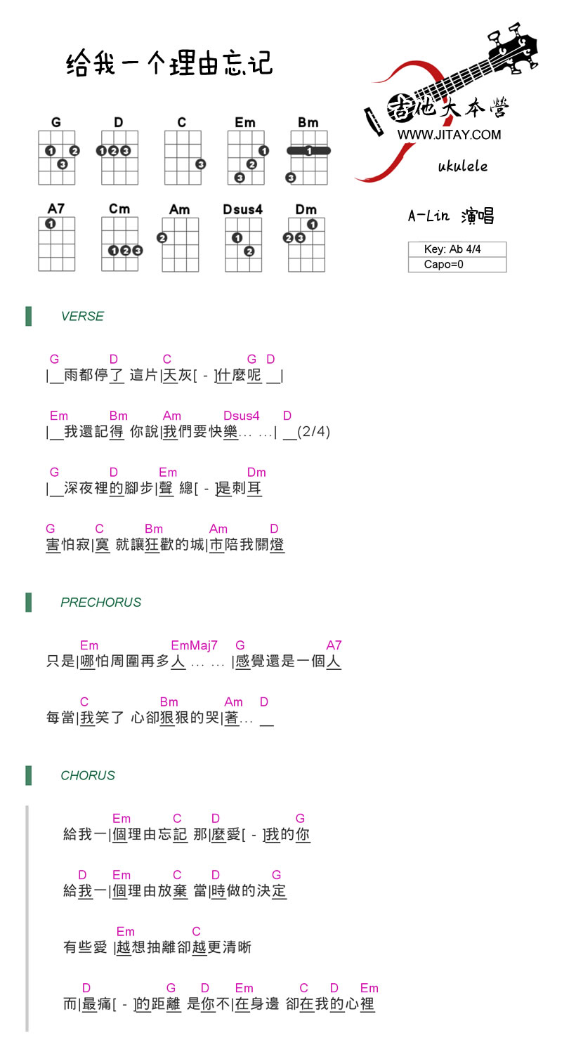 《给我一个理由忘记ukulele谱_A-Lin黄丽玲》吉他谱-C大调音乐网