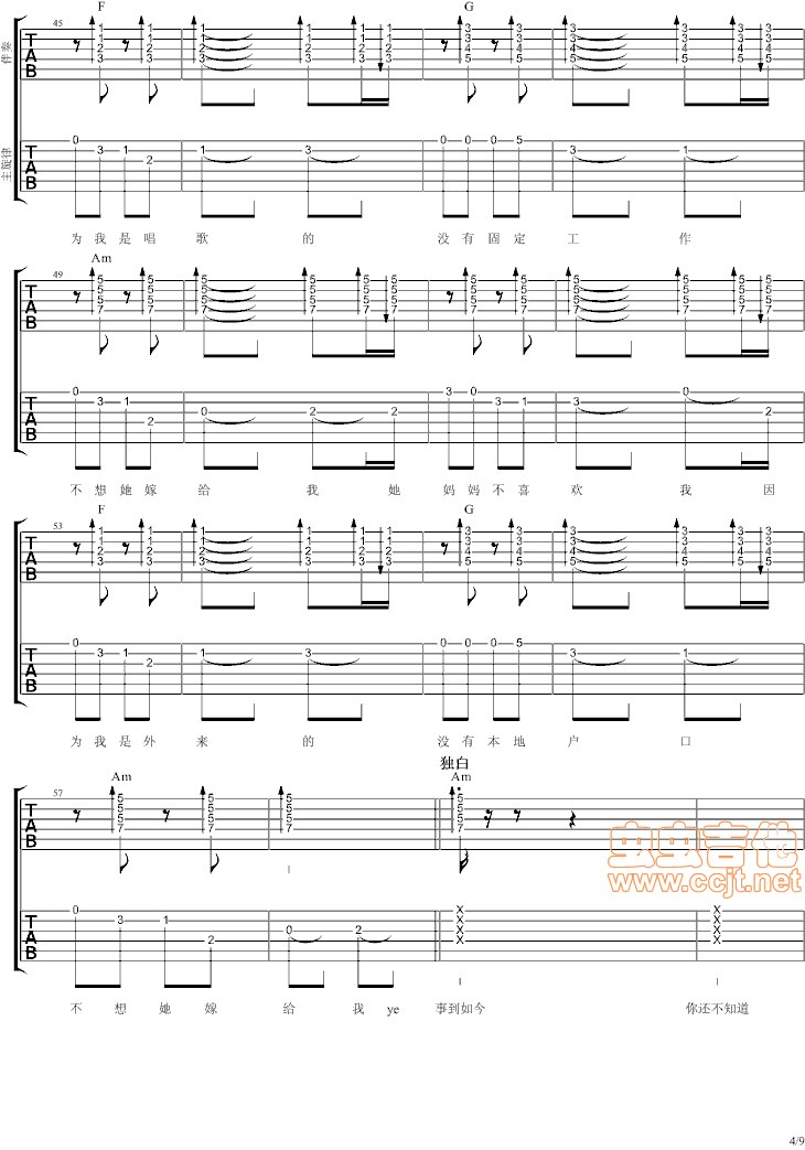 《他妈妈不喜欢我-王矜霖(3个和弦超简单)》吉他谱-C大调音乐网