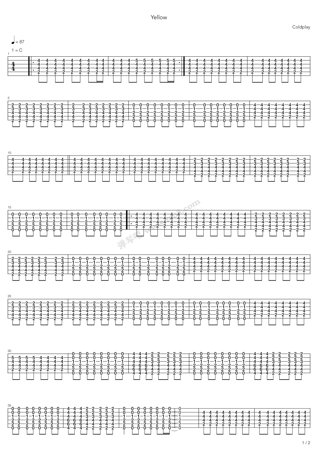 《Yellow》吉他谱-C大调音乐网