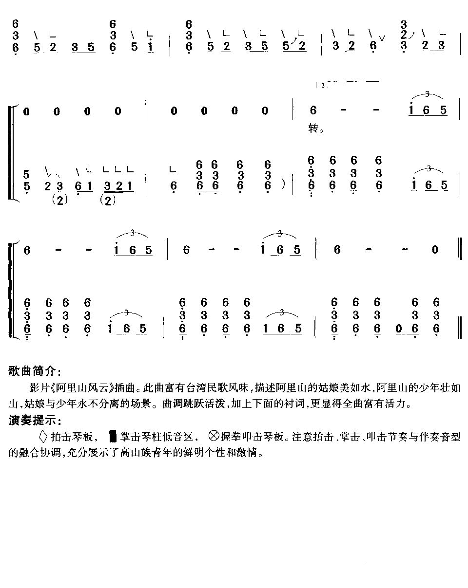 《阿里山的姑娘-台湾民歌(古筝伴奏谱_简谱)》吉他谱-C大调音乐网