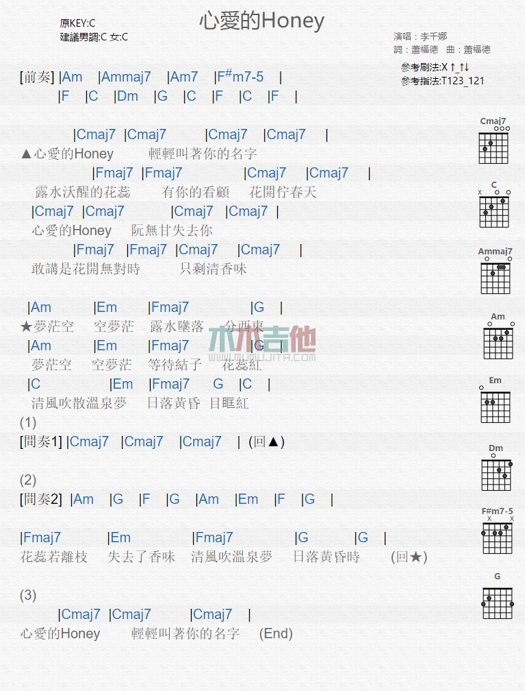 《心爱的Honey》吉他谱-C大调音乐网