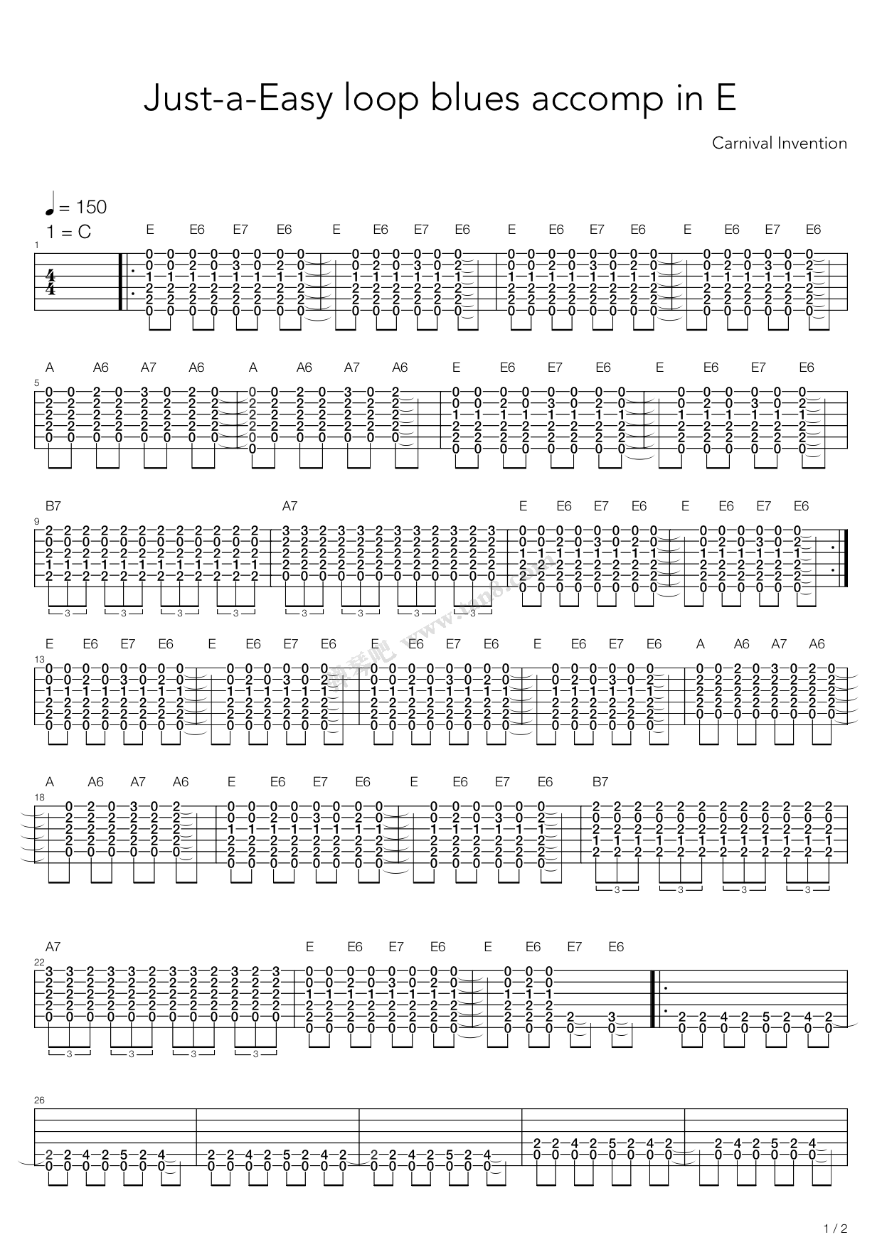 《布鲁斯练习 - Blues Loop Accompanniament In E》吉他谱-C大调音乐网