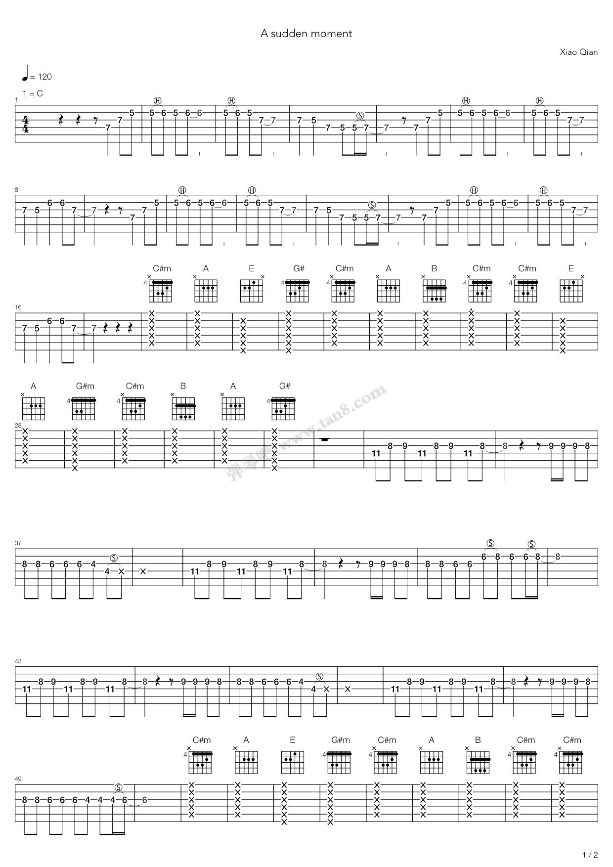 《一瞬间》吉他谱-C大调音乐网