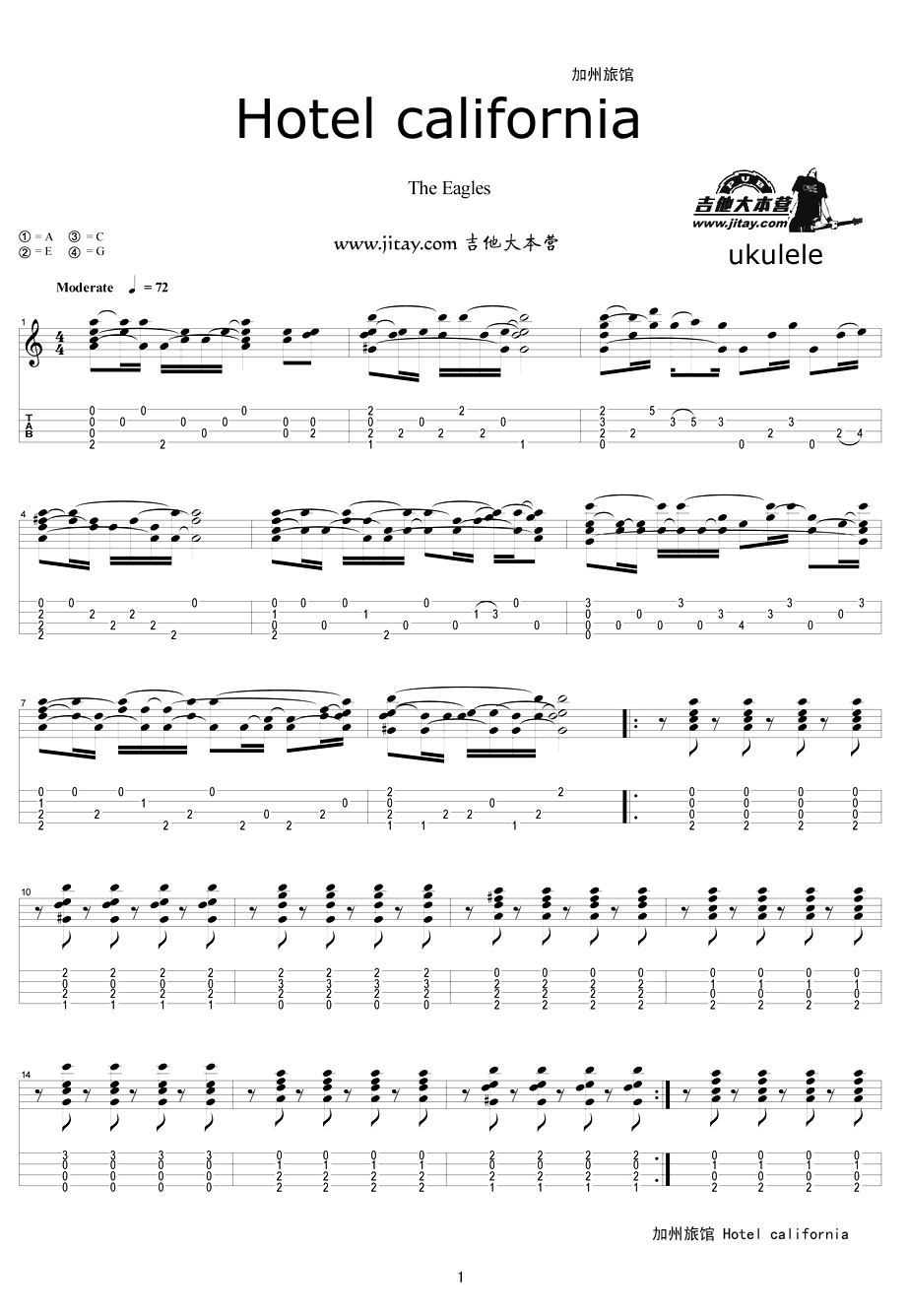 《加州旅馆尤克里里谱_Hotel california ukulele指弹谱》吉他谱-C大调音乐网