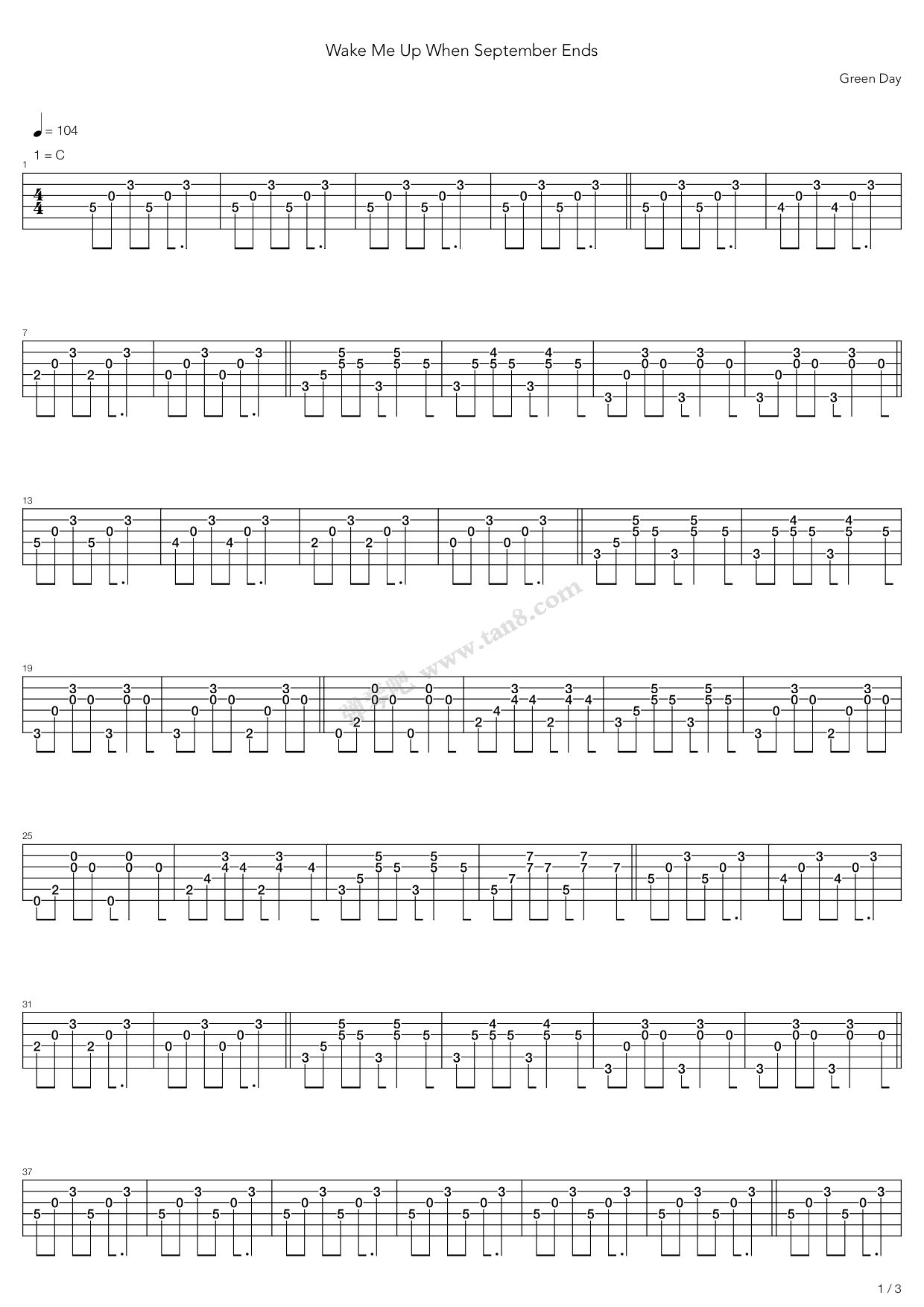 《Wake Me Up When September Ends》吉他谱-C大调音乐网