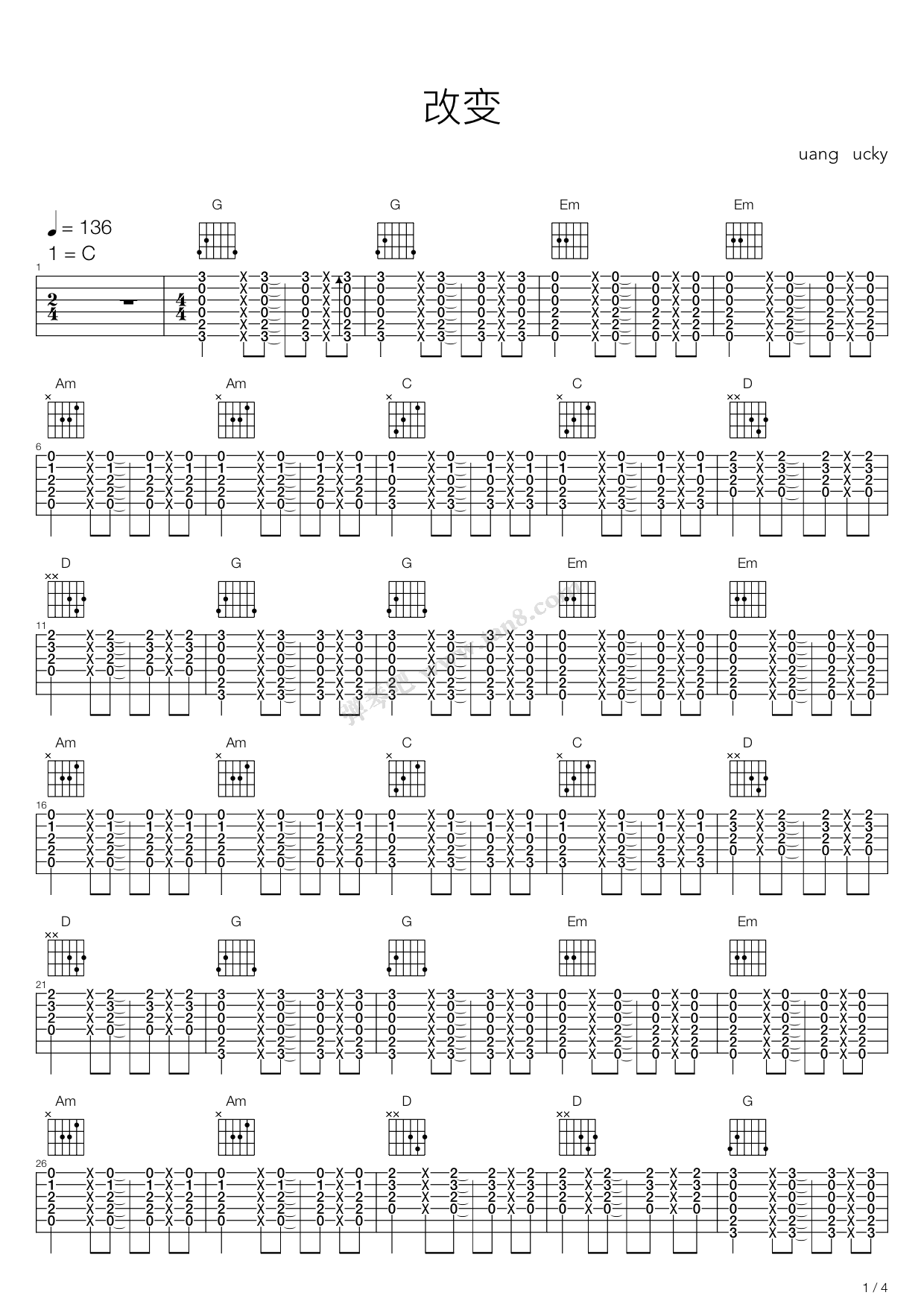《改变》吉他谱-C大调音乐网