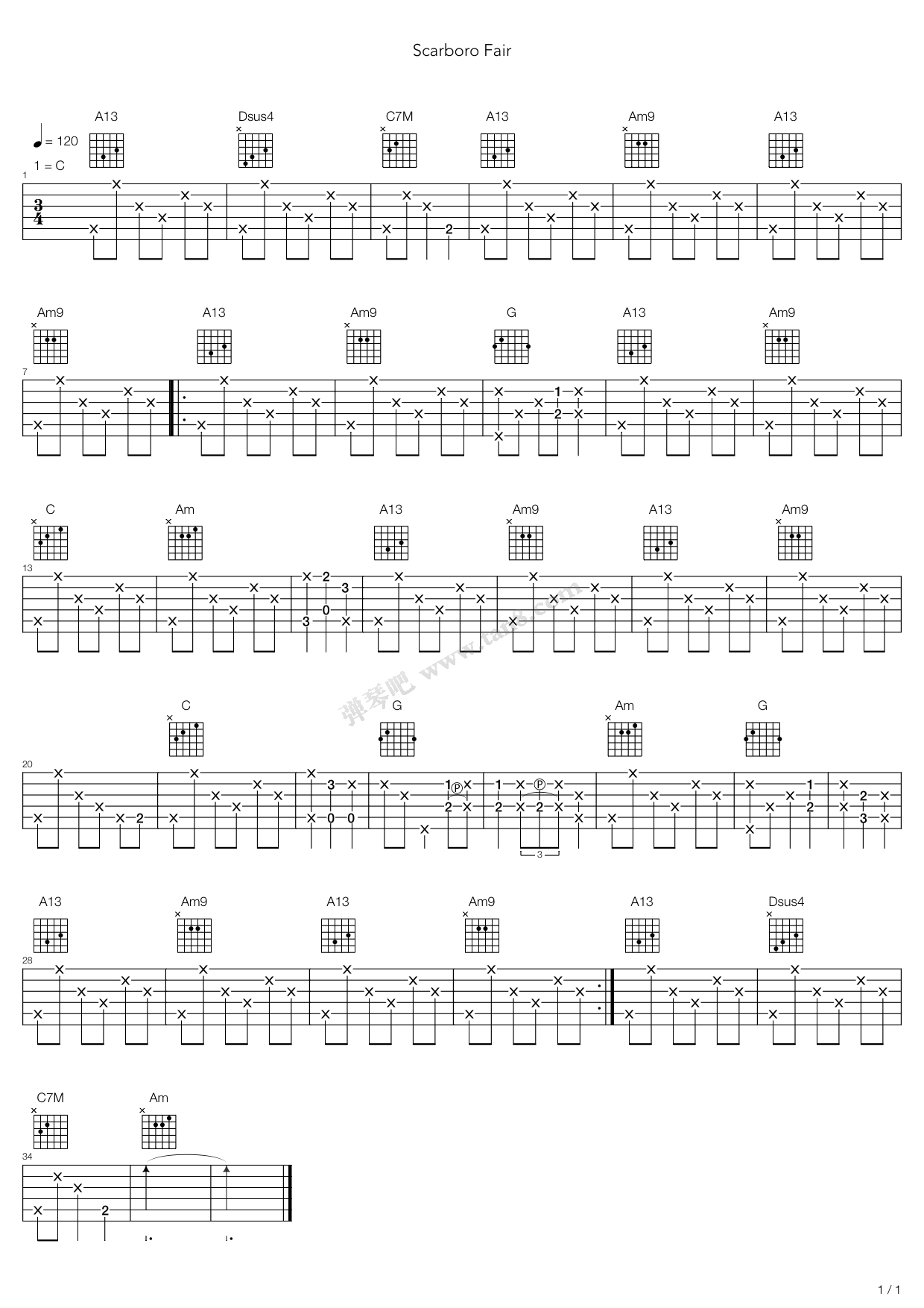 《Scarborough Fair(斯卡保罗集市)》吉他谱-C大调音乐网