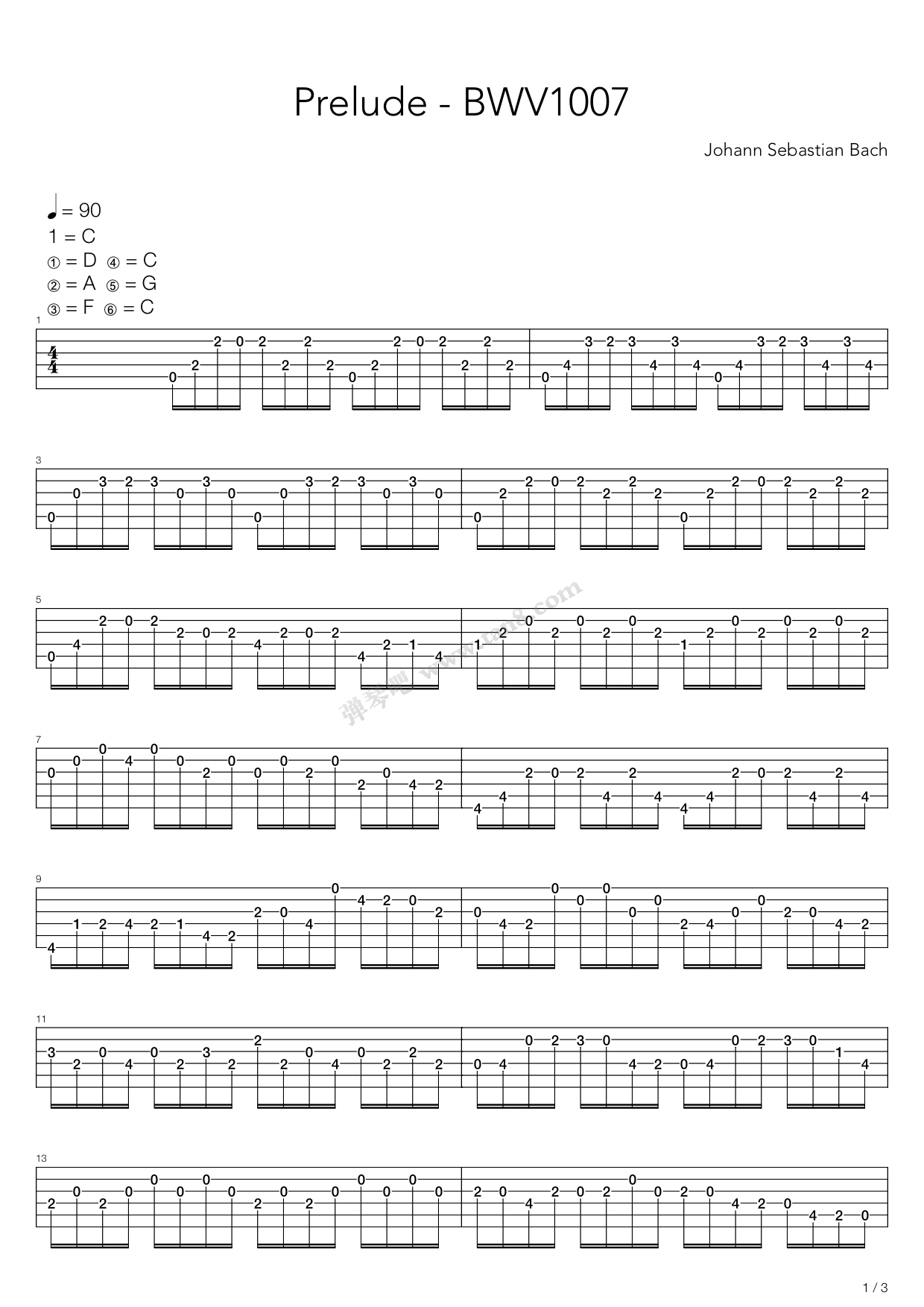 《Bwv 1007 Cello Suite Prelude》吉他谱-C大调音乐网