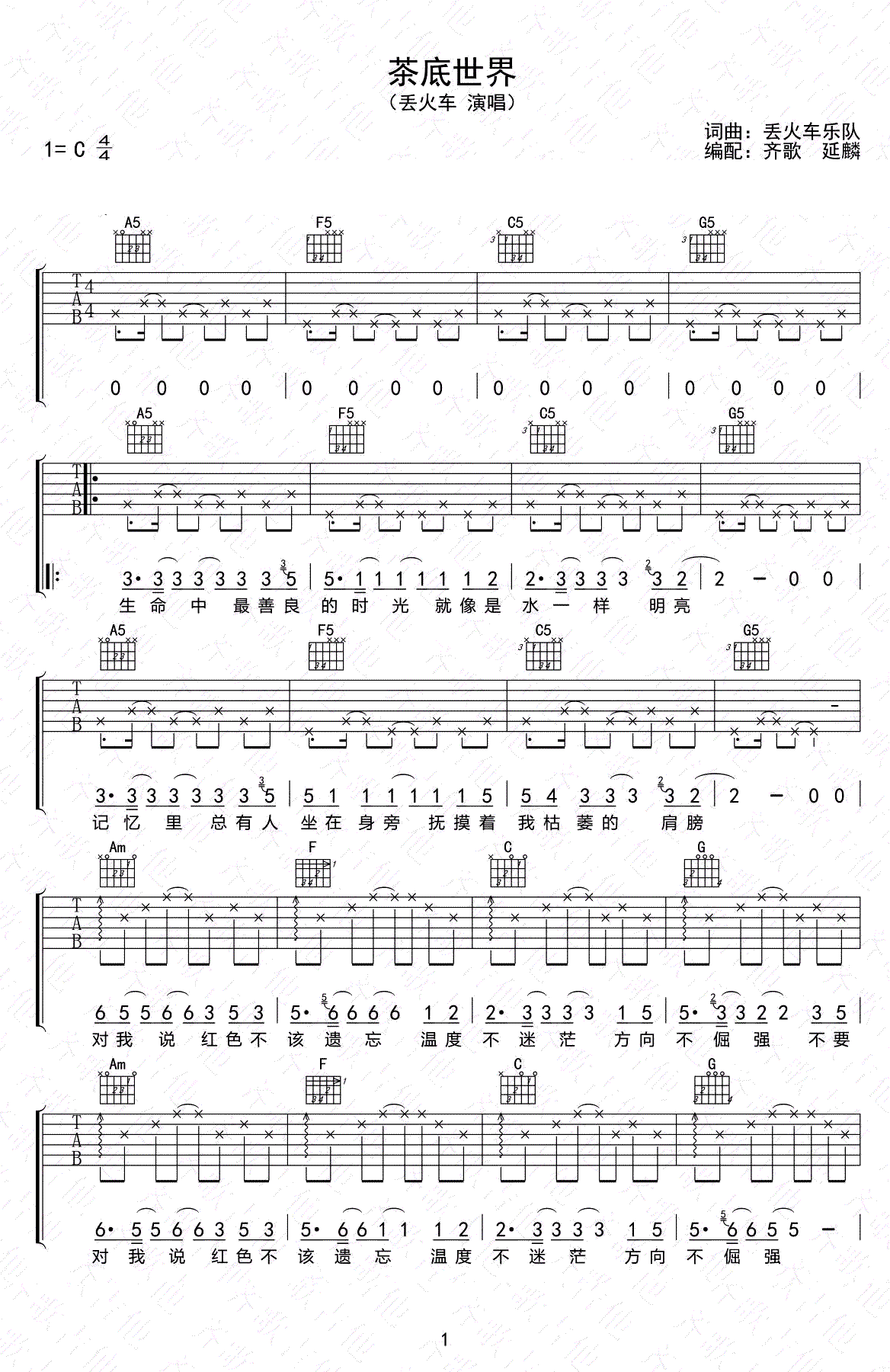 茶底世界吉他谱_丢火车乐队_C调弹唱谱_高清六线谱-C大调音乐网