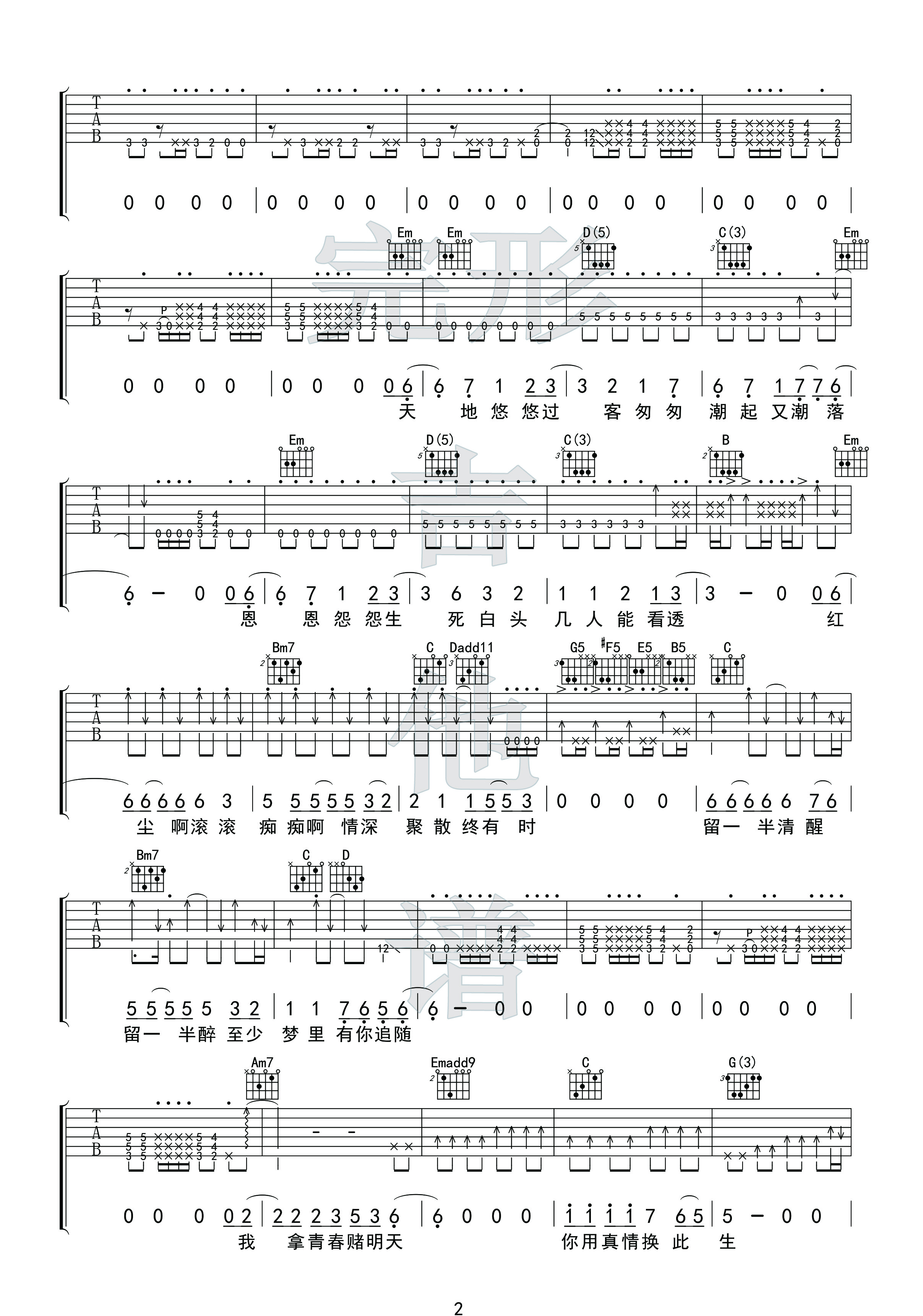 叶倩文《潇洒走一回》吉他谱-C调高清原版六线谱-吉他控