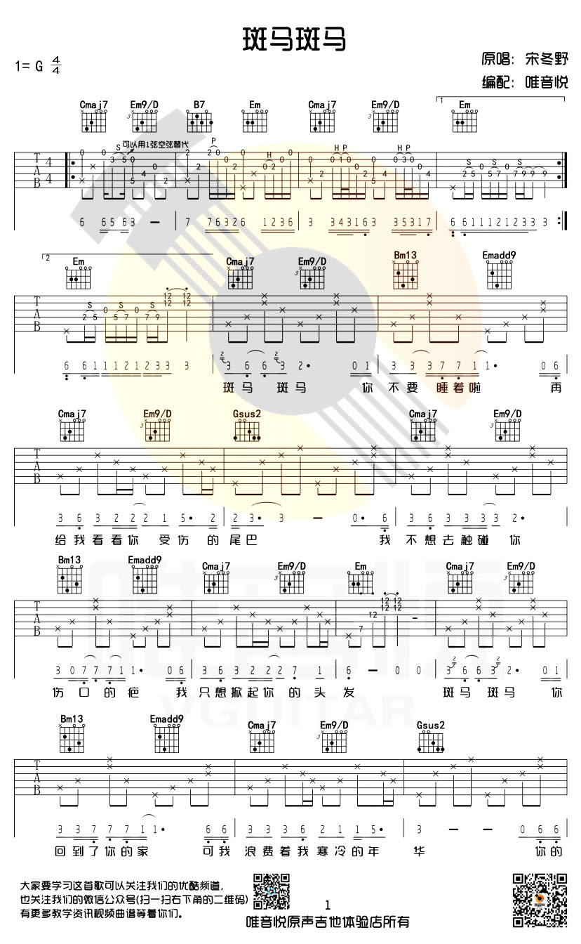斑马斑马吉他谱_宋冬野_G调弹唱六线谱-C大调音乐网