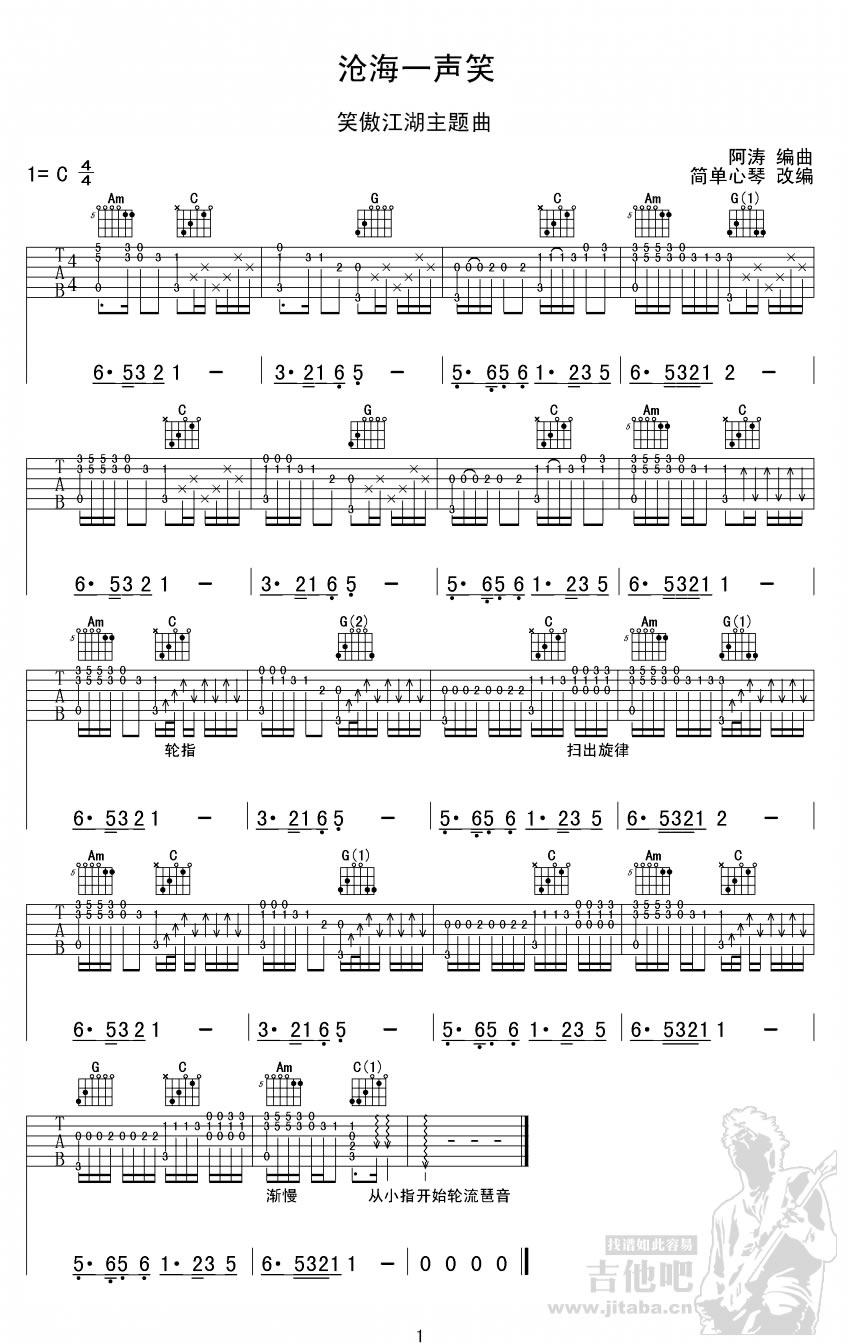 沧海一声笑指弹吉他谱_《笑傲江湖》主题曲_图片谱-C大调音乐网