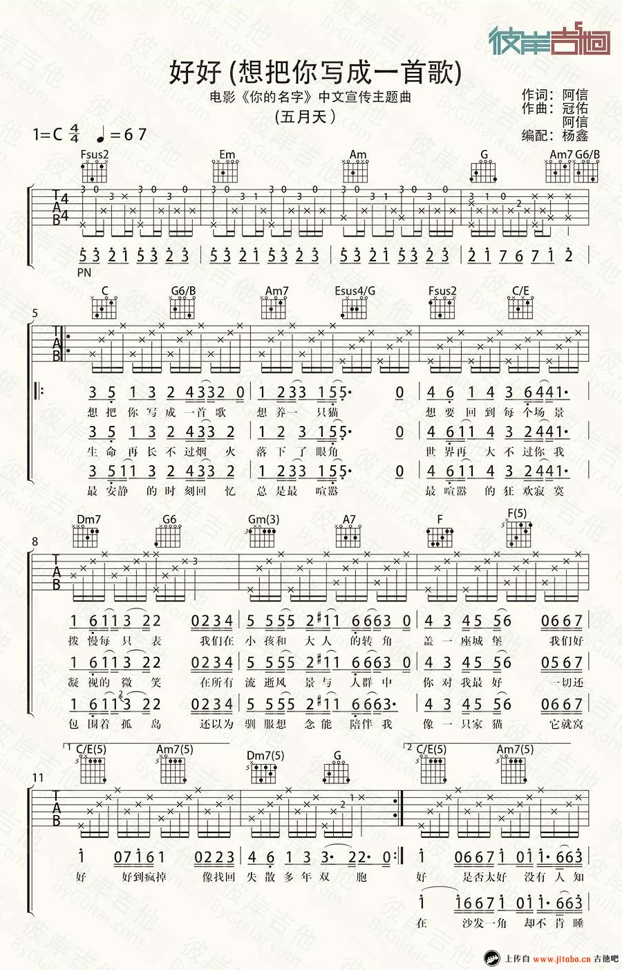 好好(想把你写成一首歌)吉他谱_五月天_C调简单版_弹唱谱-C大调音乐网