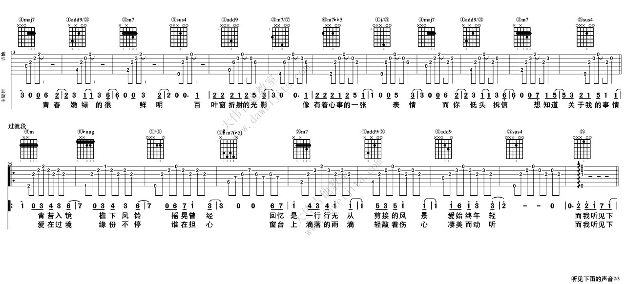 听见下雨的声音吉他谱_关诗敏_原版吉他弹唱教学-C大调音乐网