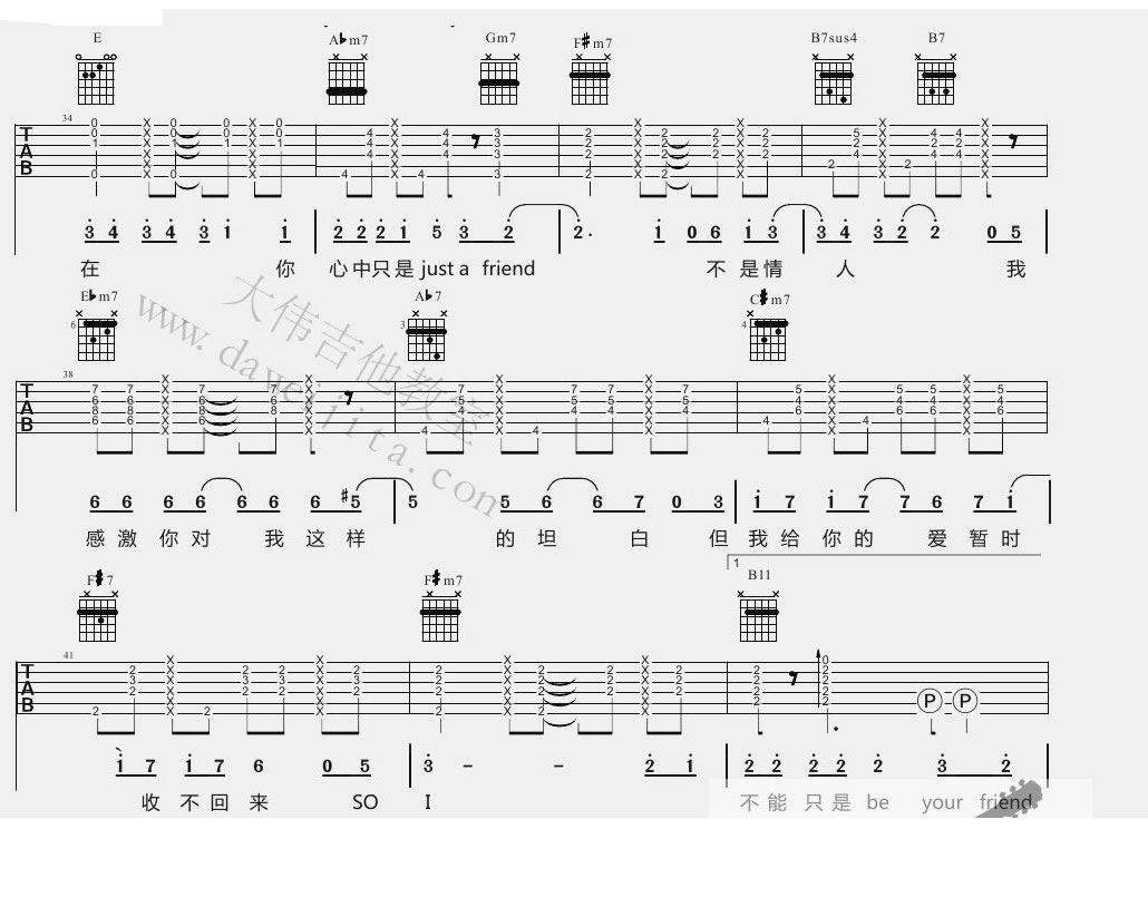 普通朋友吉他谱_陶��_六线谱(图片谱)完整版-C大调音乐网