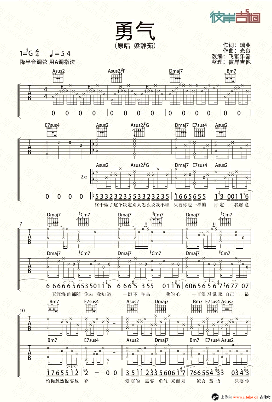 勇气吉他谱_梁静茹_A调吉他弹唱六线谱-C大调音乐网