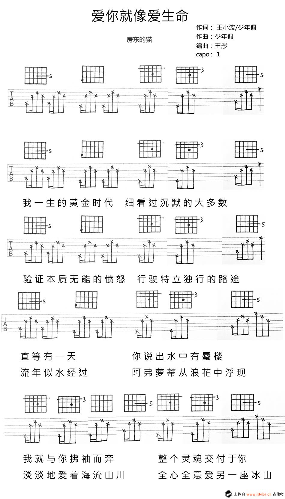 房东的猫《爱你就像爱生命》吉他谱_吉他弹唱六线谱-C大调音乐网