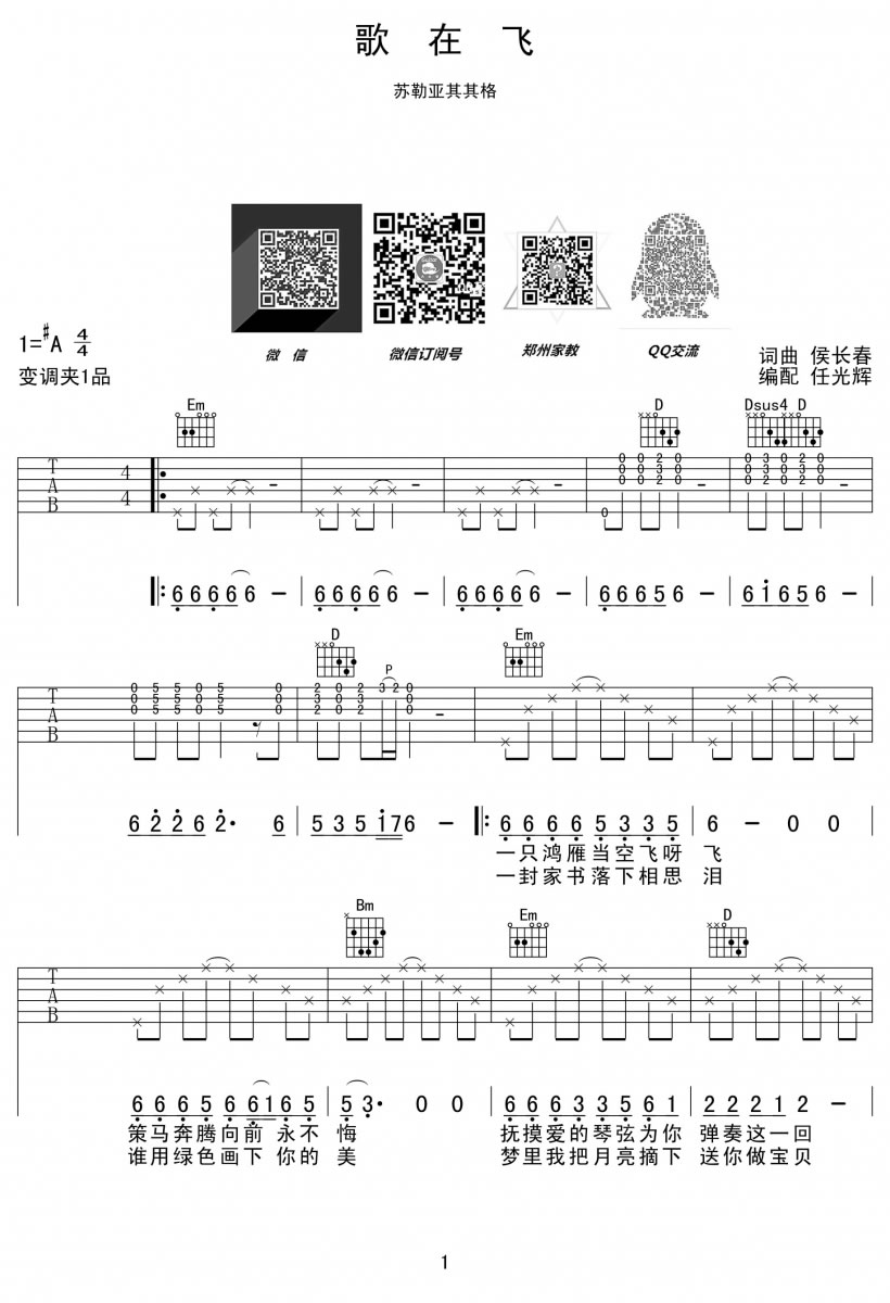 歌在飞吉他谱_苏勒亚其其格_六线谱_弹唱谱-C大调音乐网