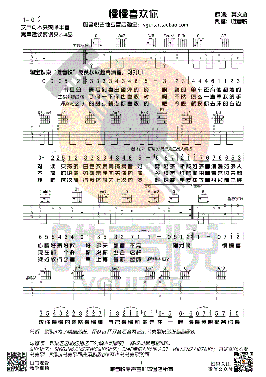 慢慢喜欢你吉他谱 莫文蔚 G调简单版 唯音悦吉他社编配-C大调音乐网