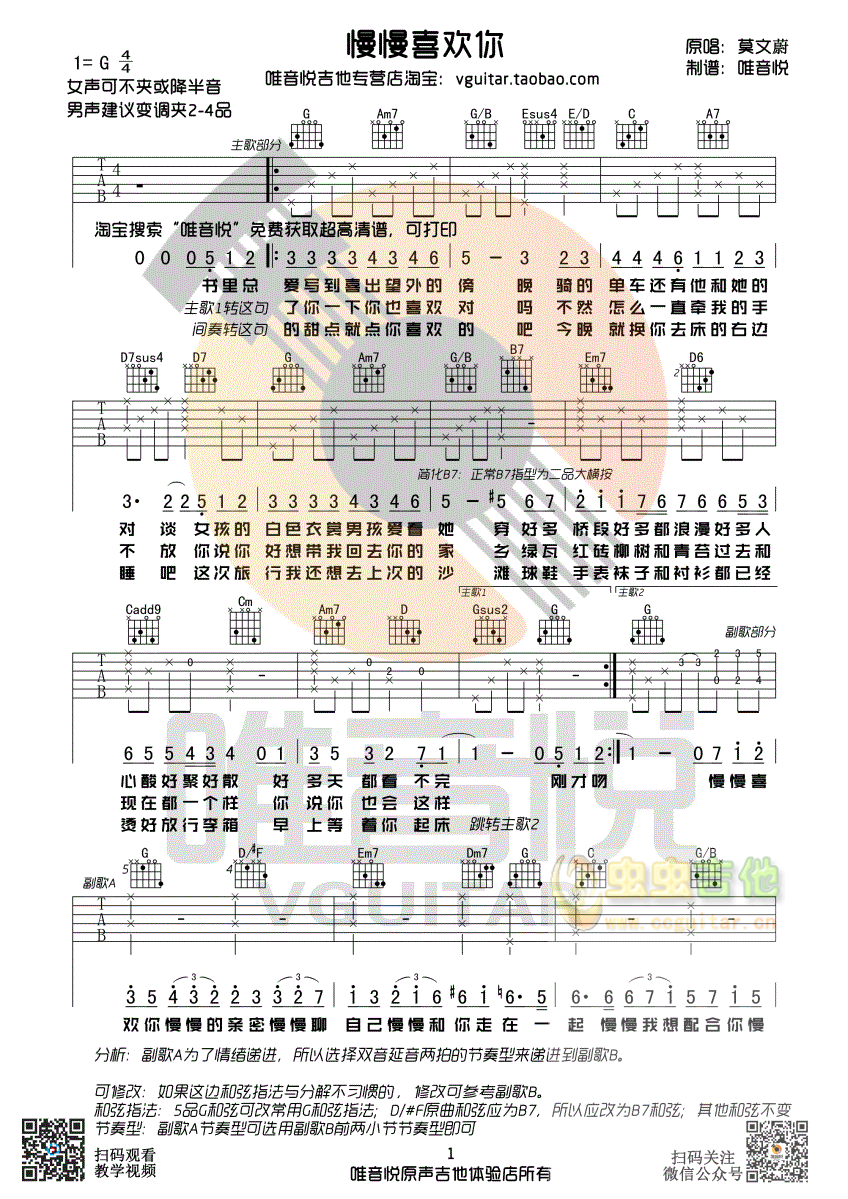 莫文蔚 慢慢喜欢你 简单版吉他谱 唯音悦编配...-C大调音乐网